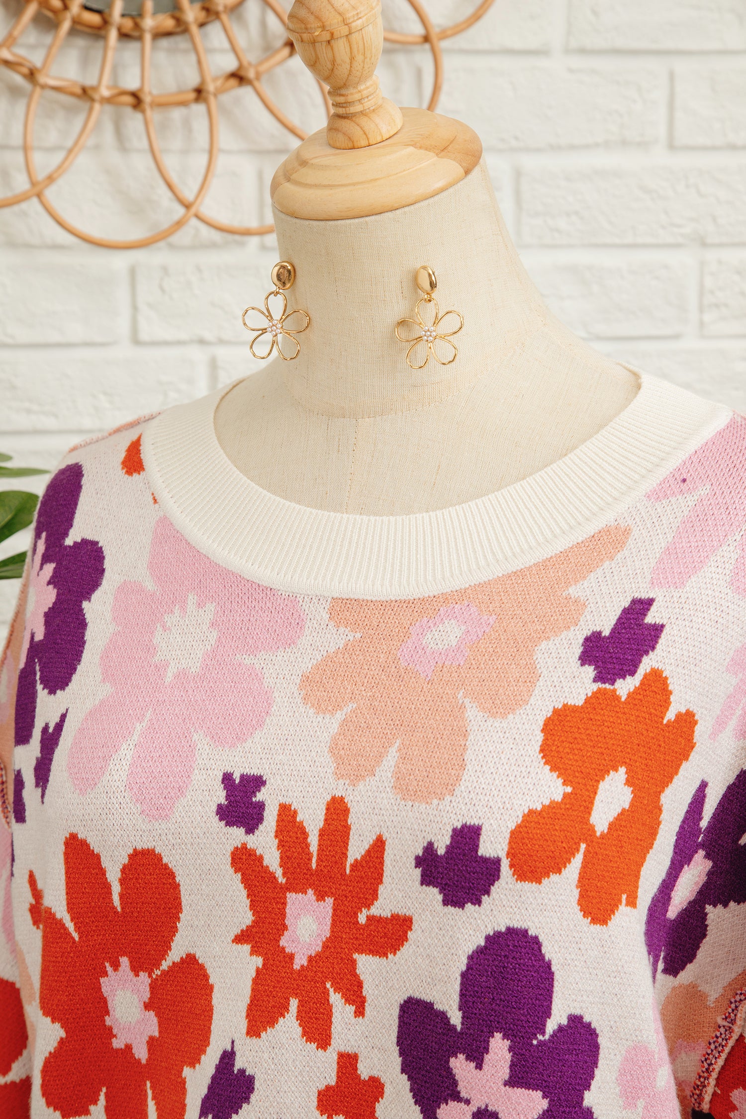 Khaki Fall Floral Pattern Drop Shoulder Sweater-TOPS / DRESSES-[Adult]-[Female]-2022 Online Blue Zone Planet