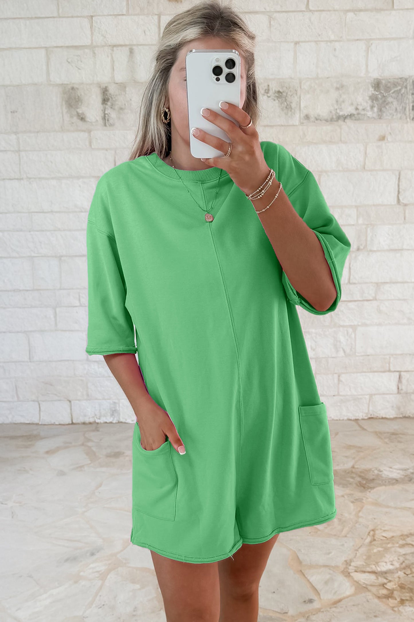 Bright Green Solid Color Raw Edge Half Sleeve Pocketed Loose Romper-Bottoms/Jumpsuits & Rompers-[Adult]-[Female]-2022 Online Blue Zone Planet