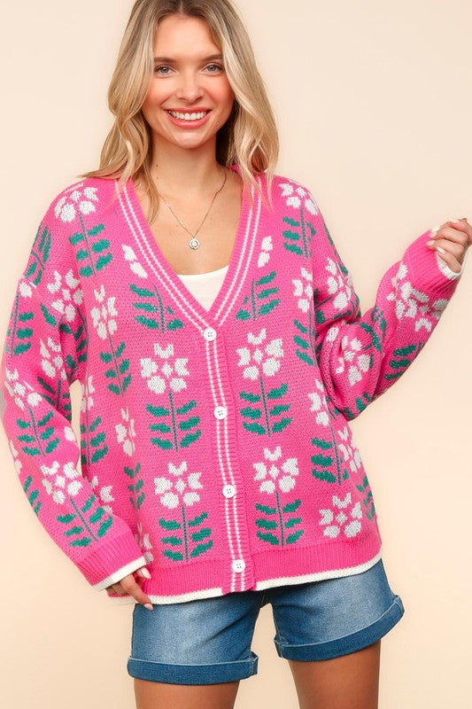 Haptics Full Size Floral Jacquard V-Neck Button Up Cardigan-TOPS / DRESSES-[Adult]-[Female]-Hot Pink-S-2022 Online Blue Zone Planet