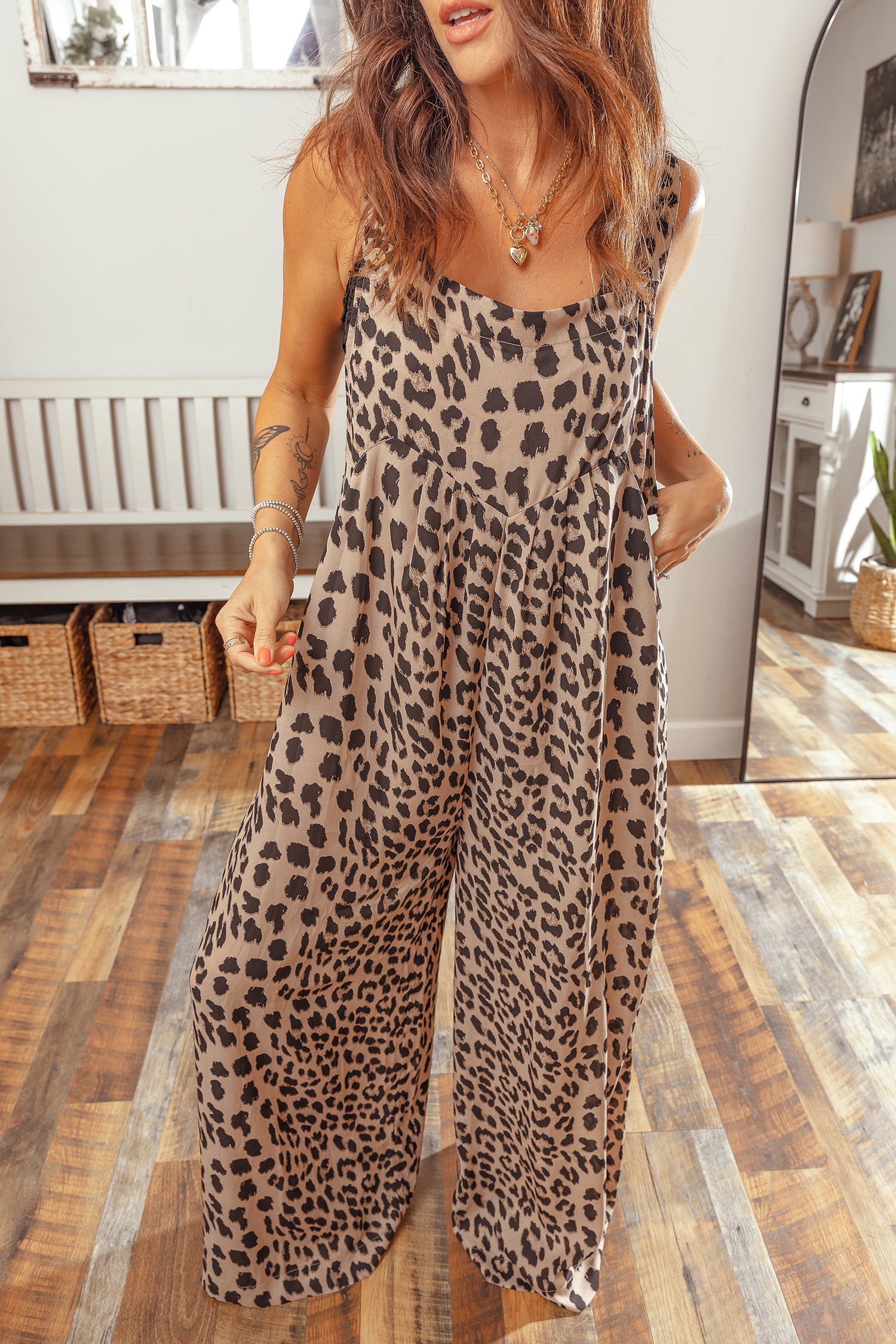 Khaki Leopard Print Square Neck Pleated Wide Leg Jumpsuit-Bottoms/Jumpsuits & Rompers-[Adult]-[Female]-2022 Online Blue Zone Planet