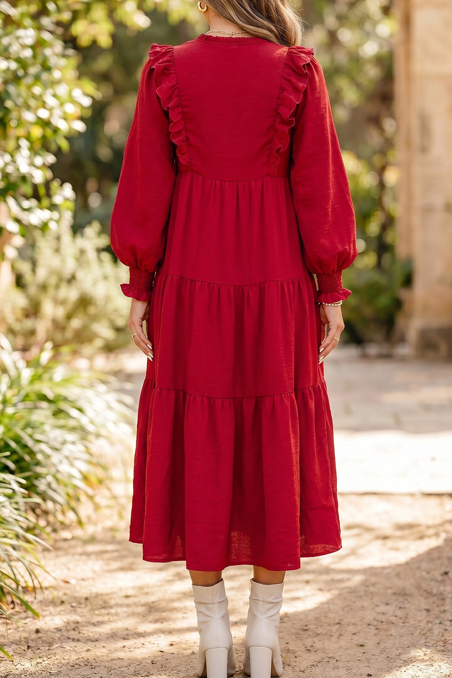 Racing Red Solid Color Ruffle Trim Long Sleeve Tiered Shift Midi Dress-Dresses/Midi Dresses-[Adult]-[Female]-2022 Online Blue Zone Planet