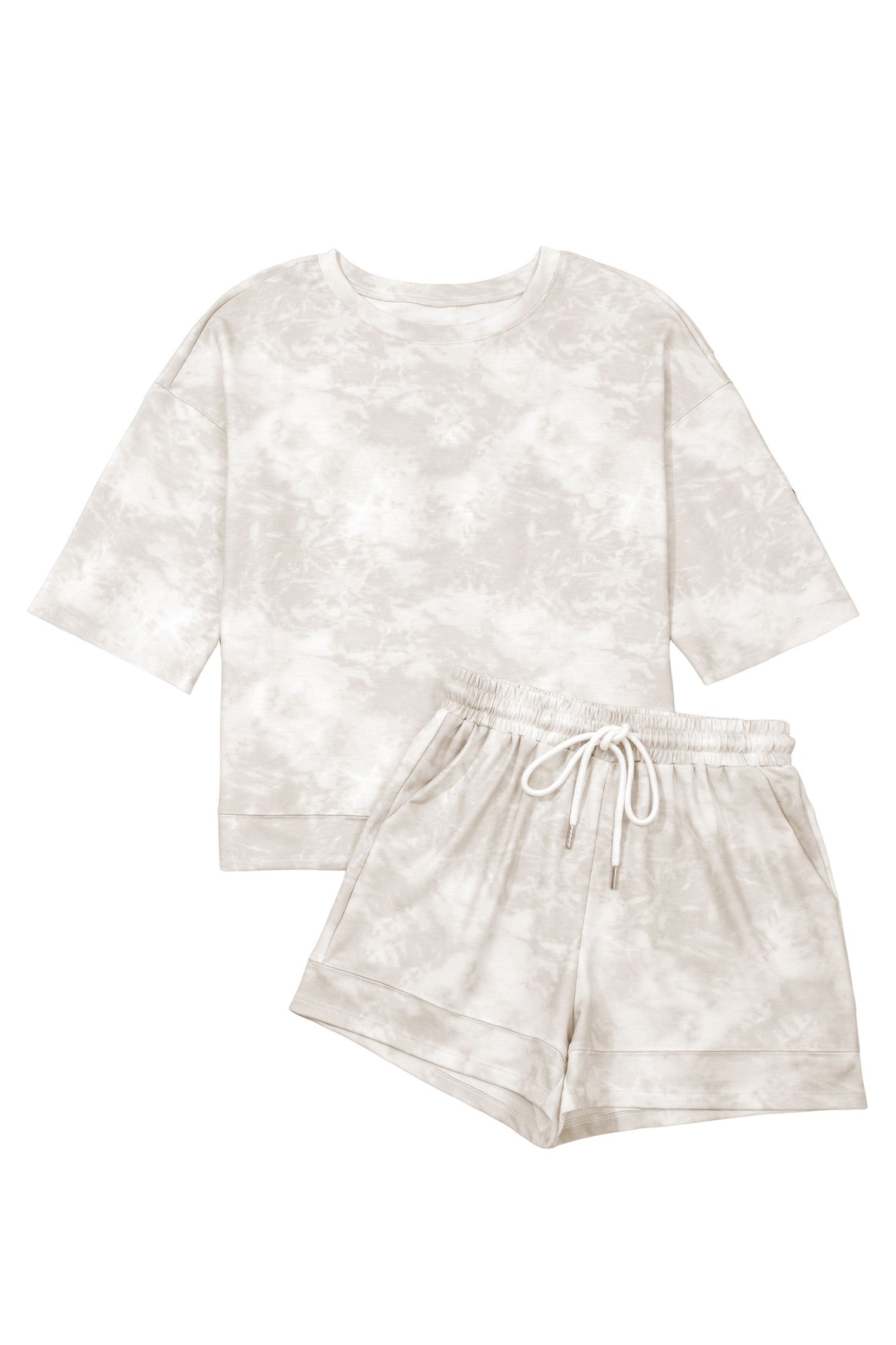 Beige Vintage Tie Dye Bracelet Sleeve Drawstring Elastic Waist 2pcs Short Set-Bracelet-[Adult]-[Female]-2022 Online Blue Zone Planet