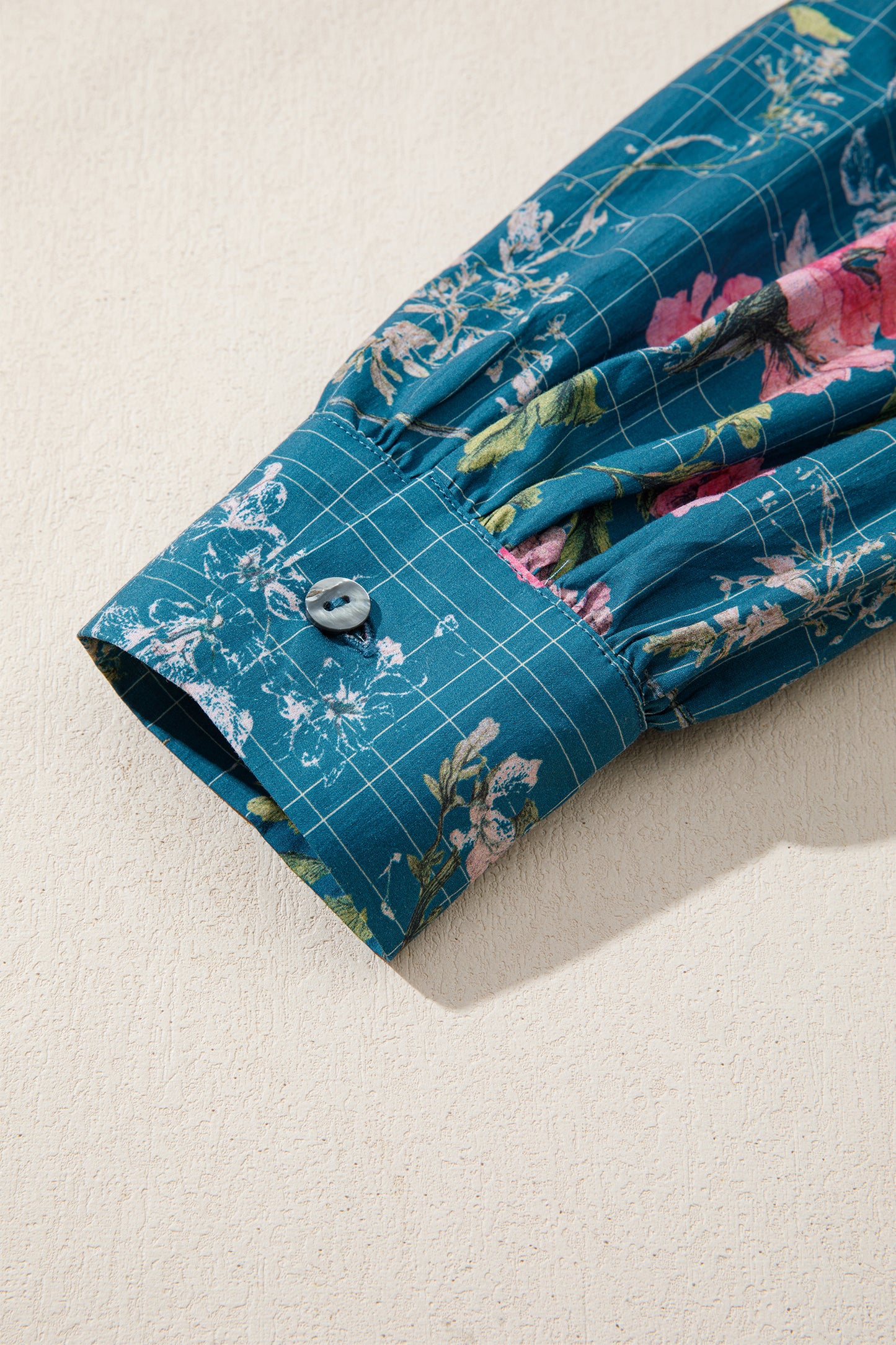 Sky Blue Floral Print Contrast Yoke Patchwork Striped Trim Long Puff Sleeve Blouse-Tops/Blouses & Shirts-[Adult]-[Female]-2022 Online Blue Zone Planet