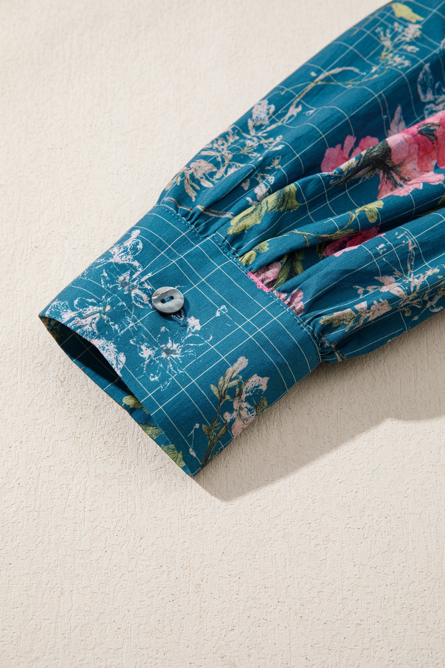 Sky Blue Floral Print Contrast Yoke Patchwork Striped Trim Long Puff Sleeve Blouse-Tops/Blouses & Shirts-[Adult]-[Female]-2022 Online Blue Zone Planet