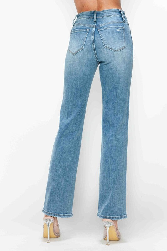 Blue Zone Planet | bytos Full Size Distressed High Rise Straight Jeans-BOTTOMS SIZES SMALL MEDIUM LARGE-[Adult]-[Female]-2022 Online Blue Zone Planet