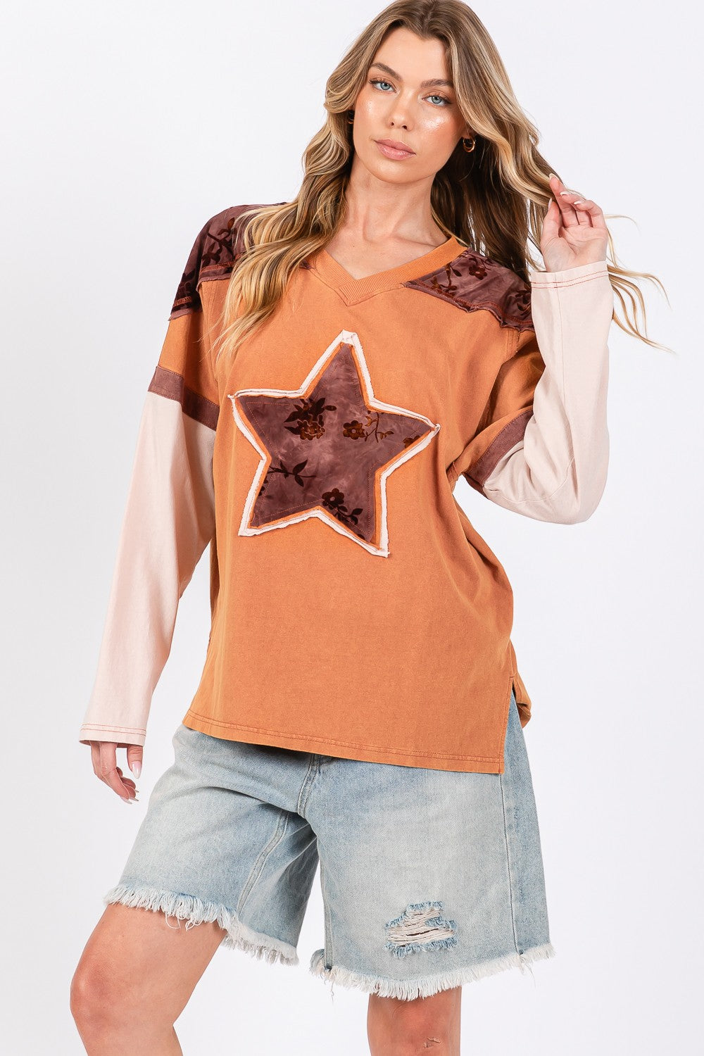 SAGE + FIG Star Patch Long Sleeve Color Block T-Shirt-TOPS / DRESSES-[Adult]-[Female]-2022 Online Blue Zone Planet