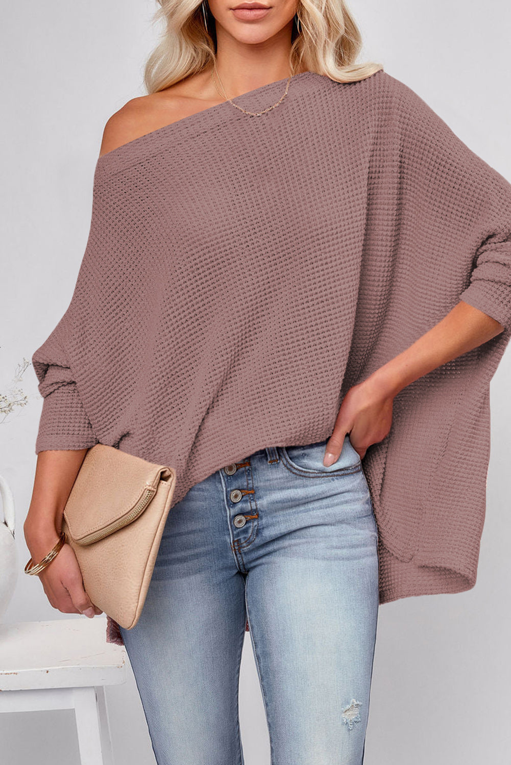 Casual Waffle Knit Eyelet Long Sleeve Blouse-Tops/Blouses & Shirts-[Adult]-[Female]-Rose Pink-S-2022 Online Blue Zone Planet
