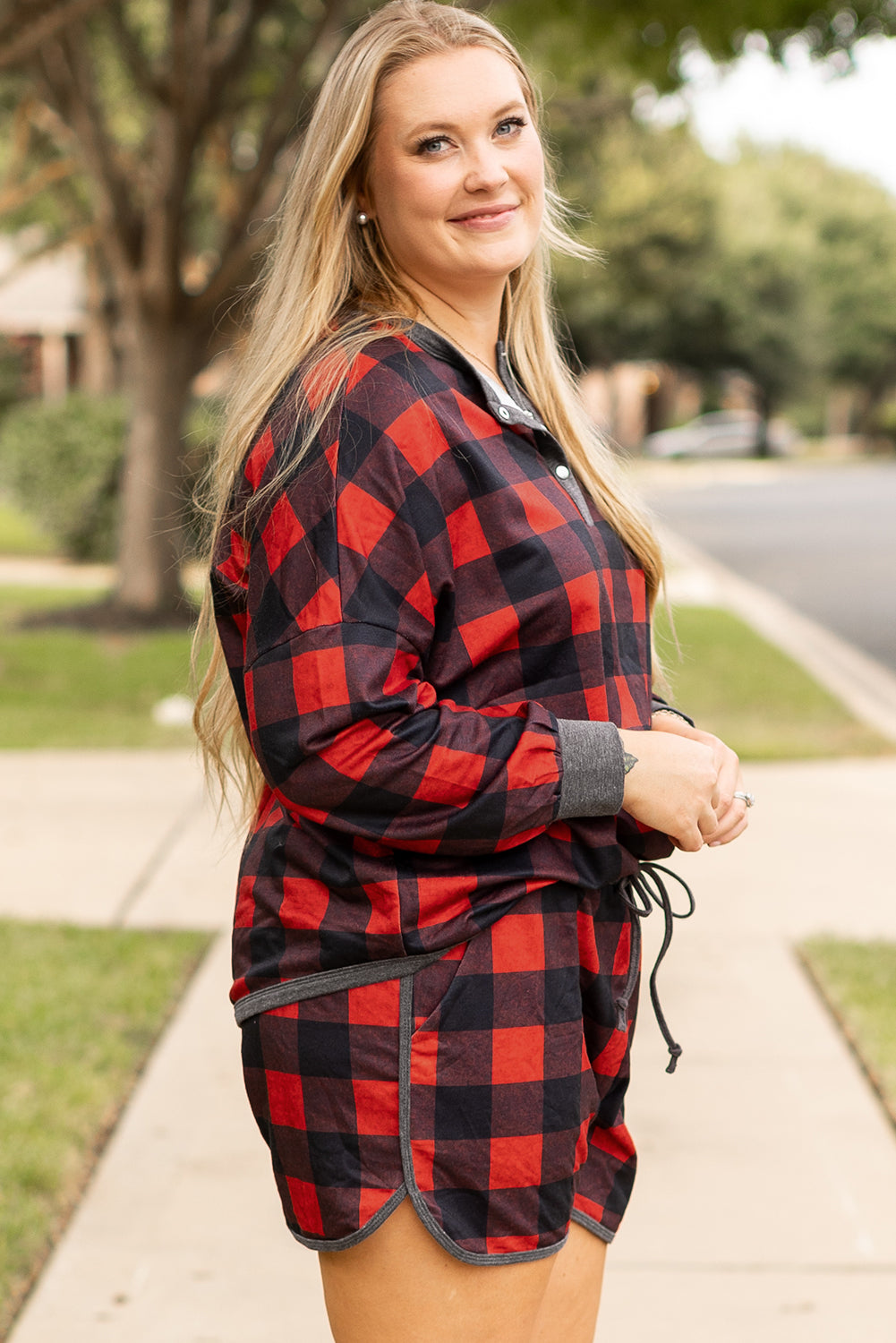 Blue Zone Planet | Fiery Red Christmas Buffalo Print Henley Top and Shorts Plus Size Set-Plus Size/Plus Size Loungewear-[Adult]-[Female]-2022 Online Blue Zone Planet