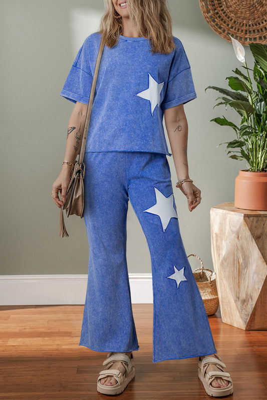 Ashleigh Blue Acid Wash Star Patched Rolled Trim Pants Set-Two Piece Sets/Pant Sets-[Adult]-[Female]-Ashleigh Blue-S-2022 Online Blue Zone Planet