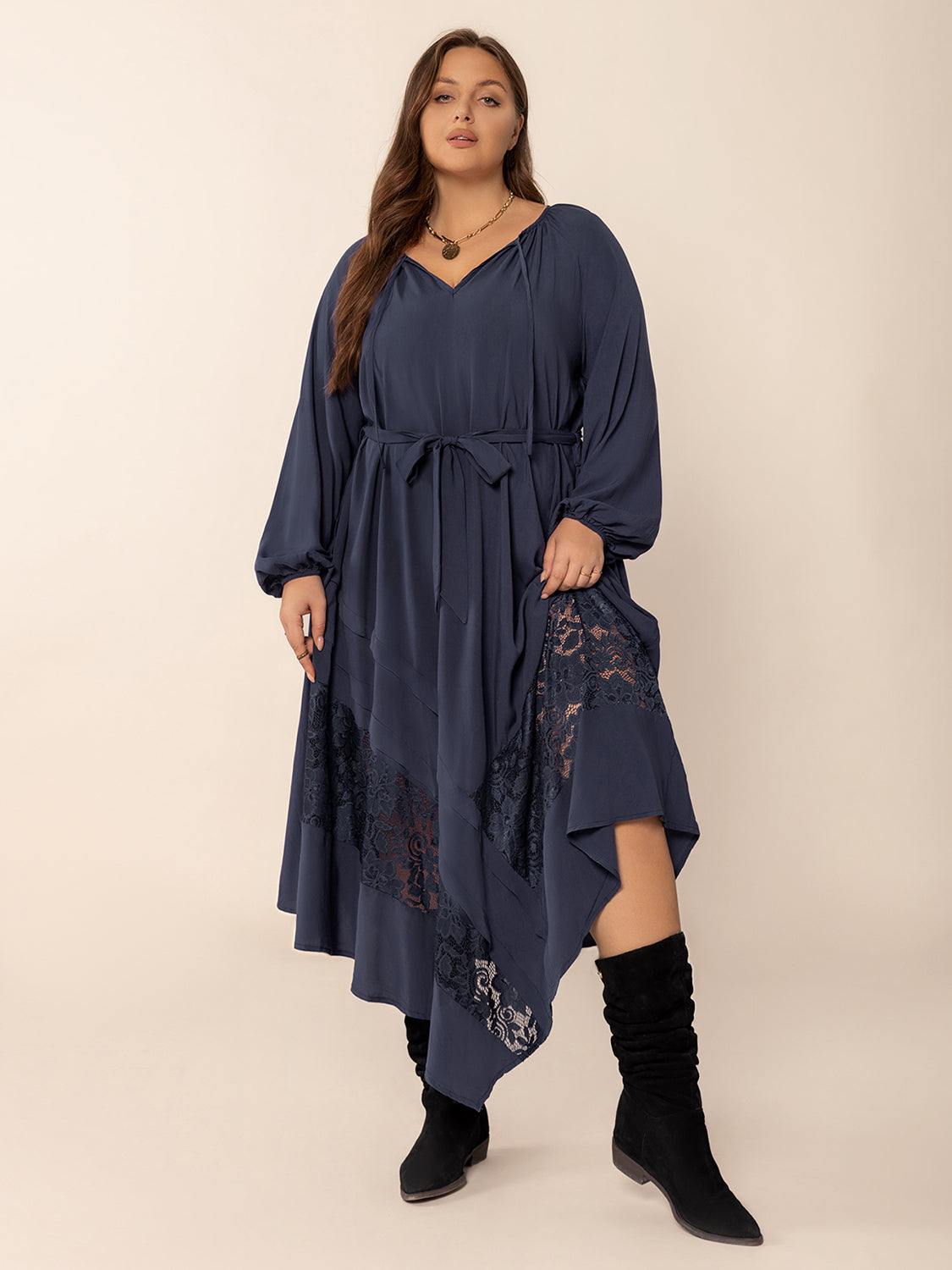 Blue Zone Planet | Plus Size Lace Detail Tie Neck Long Sleeve Midi Dress-TOPS / DRESSES-[Adult]-[Female]-2022 Online Blue Zone Planet