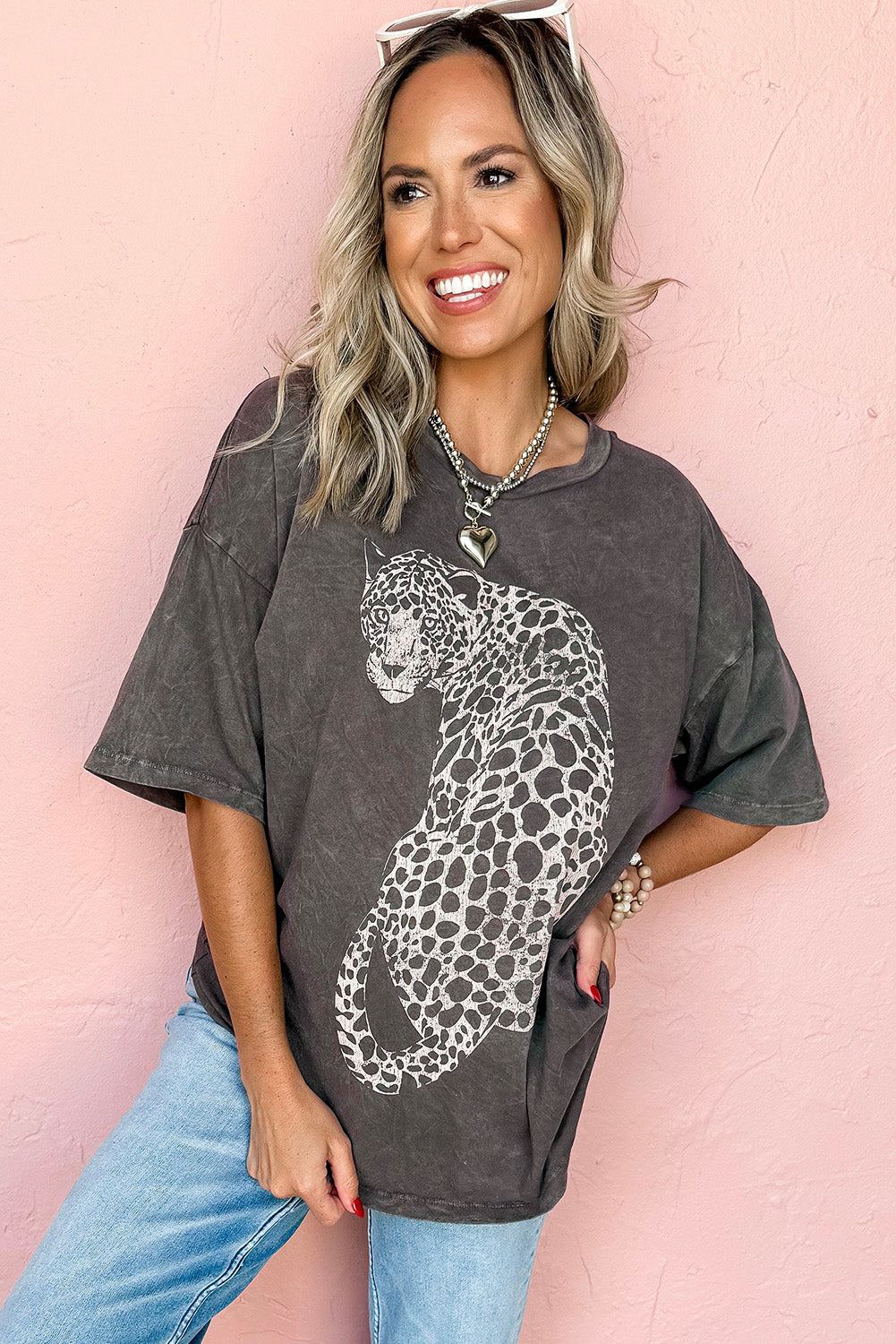 Medium Grey Vintage Cheetah Printed Mineral Wash Graphic Tee-Tops/Tops & Tees-[Adult]-[Female]-2022 Online Blue Zone Planet