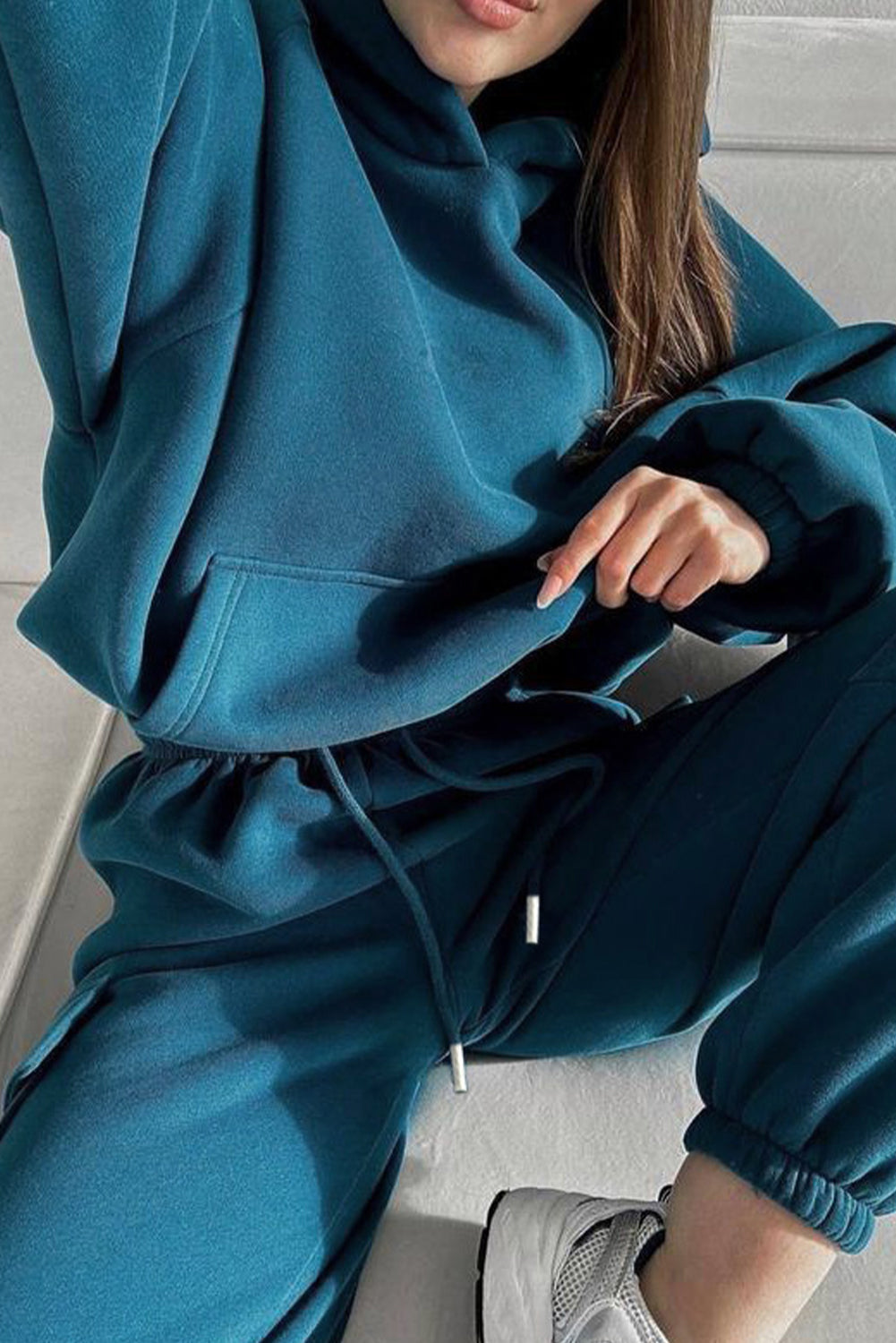 Peacock Blue Cozy Hooded Sweatshirt Drawstring Elastic Waistband Cargo Pant Set-Two Piece Sets/Pant Sets-[Adult]-[Female]-2022 Online Blue Zone Planet