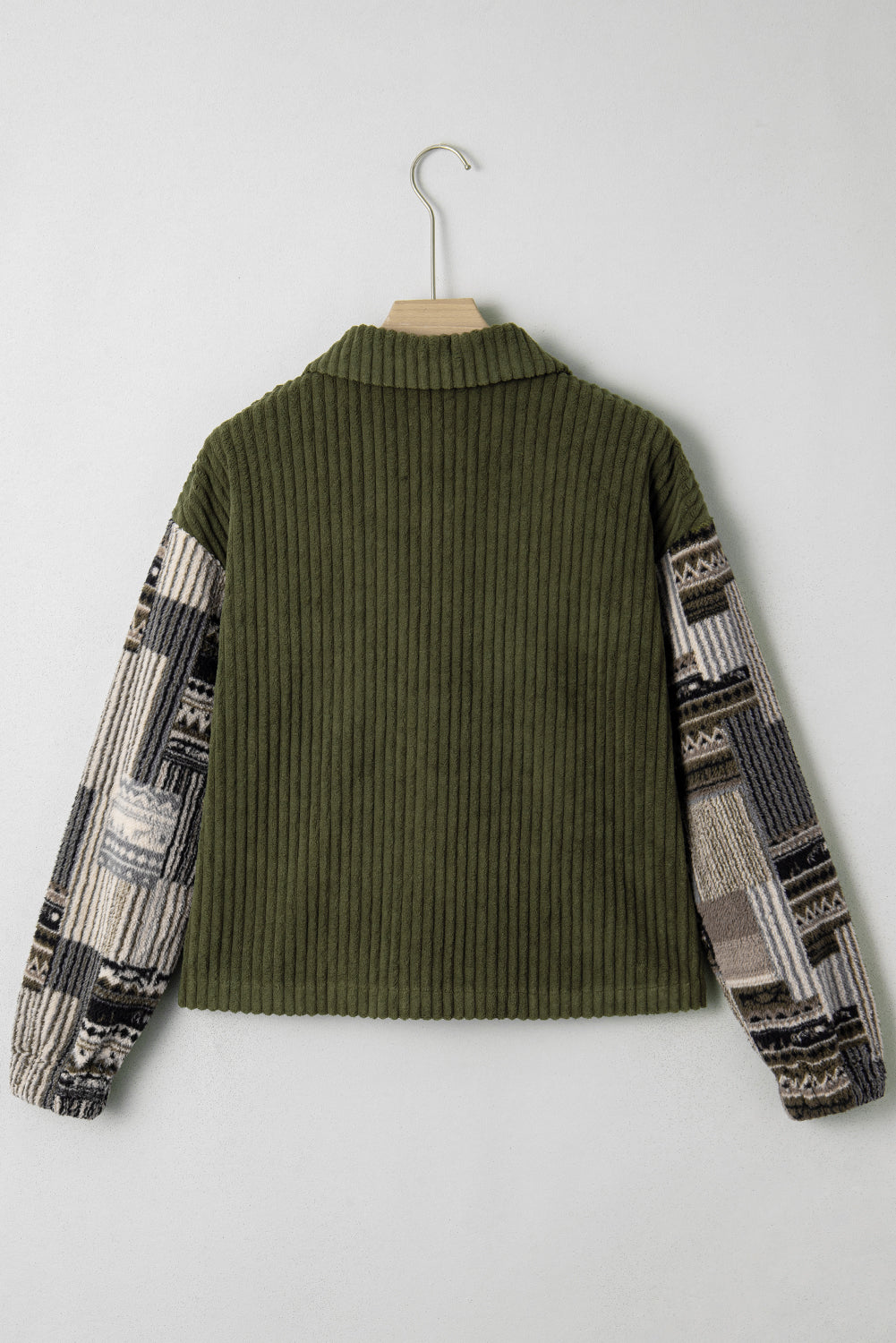 Jungle Green Ribbed Fleece Plaid Print Patchwork Button Up Jacket-Outerwear/Jackets-[Adult]-[Female]-2022 Online Blue Zone Planet