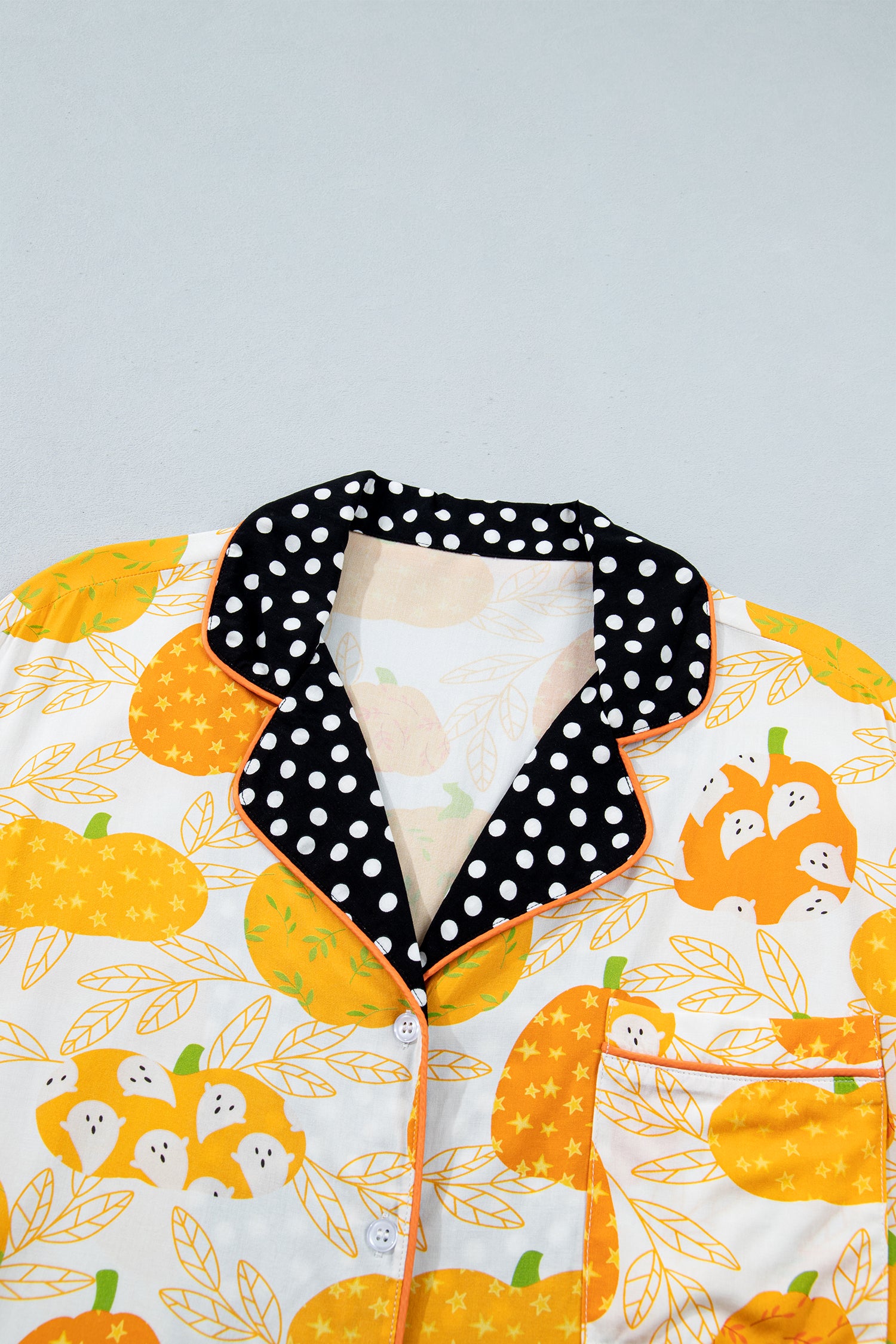 Orange Short Sleeve Pumpkin Print Polka Dot Trim Pocket Pocket Placket Home Wear Lounge Set-Loungewear & Sleepwear/Loungewear-[Adult]-[Female]-2022 Online Blue Zone Planet