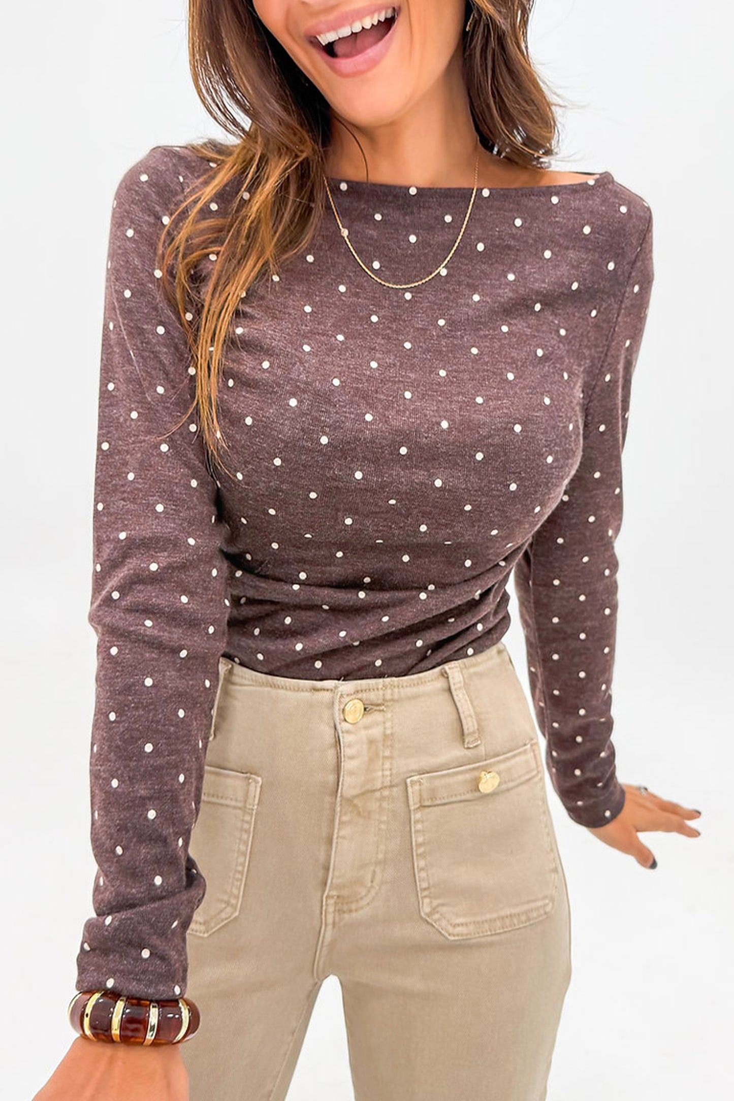 Dark Brown Polka Dot Boat Neck Knit Long Sleeve T Shirt-Tops/Long Sleeve Tops-[Adult]-[Female]-Dark Brown-S-2022 Online Blue Zone Planet
