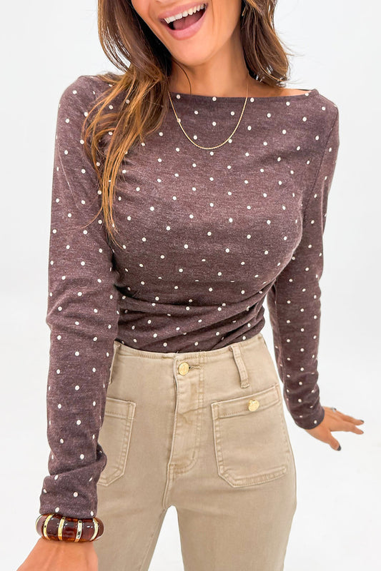 Dark Brown Polka Dot Boat Neck Knit Long Sleeve T Shirt-Tops/Long Sleeve Tops-[Adult]-[Female]-Dark Brown-S-2022 Online Blue Zone Planet