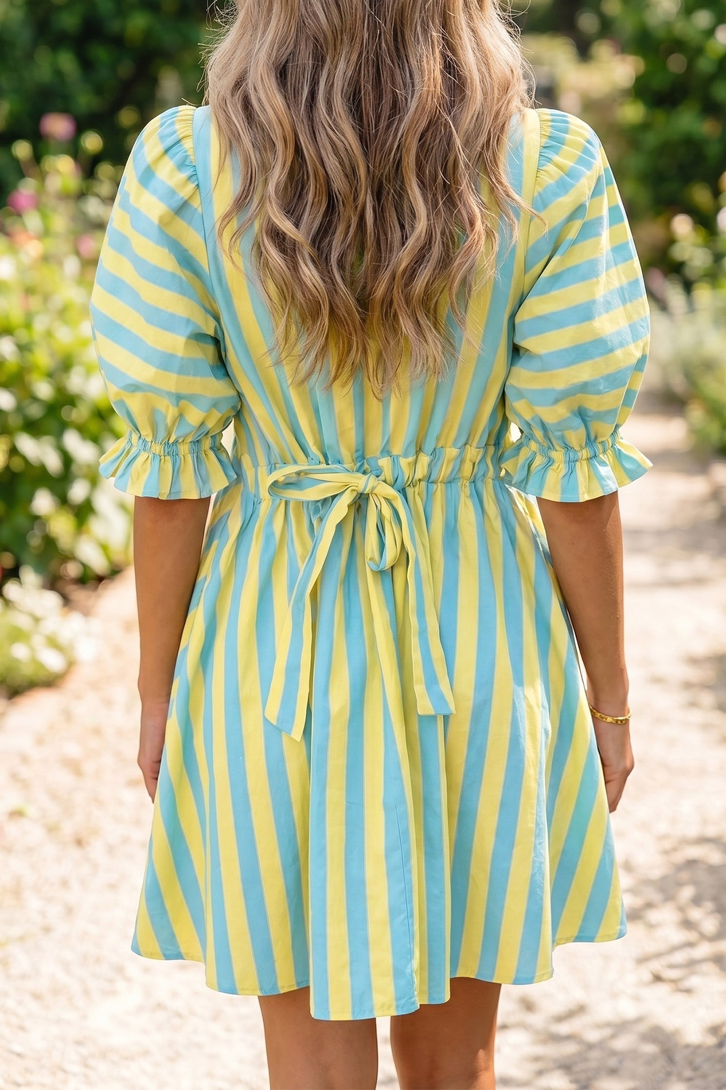 Red Stripe Half Button Puff Sleeve Loose Mini Dress-TOPS / DRESSES-[Adult]-[Female]-2022 Online Blue Zone Planet