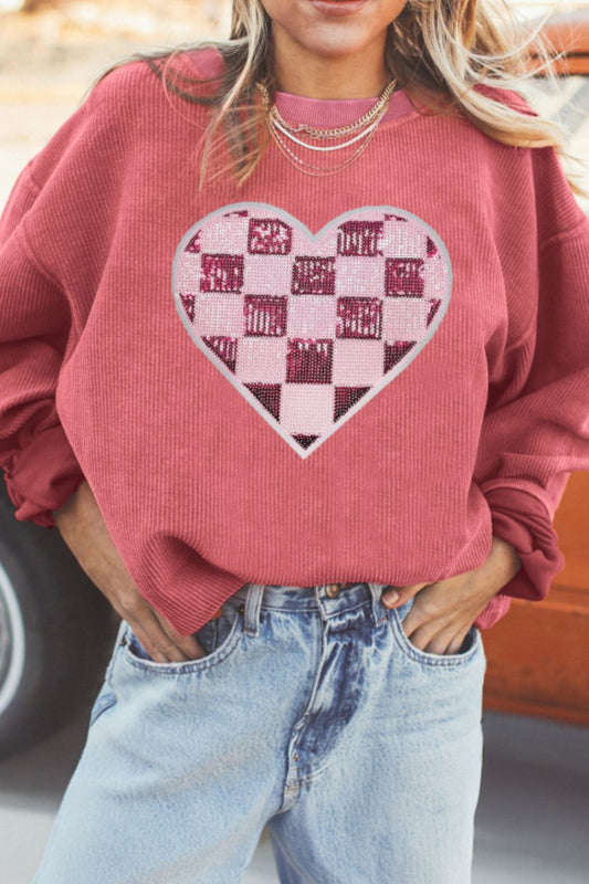 Valentine’s Day Sequin Checkered Heart Long Sleeve Sweatshirt-TOPS / DRESSES-[Adult]-[Female]-Strawberry-S-2022 Online Blue Zone Planet