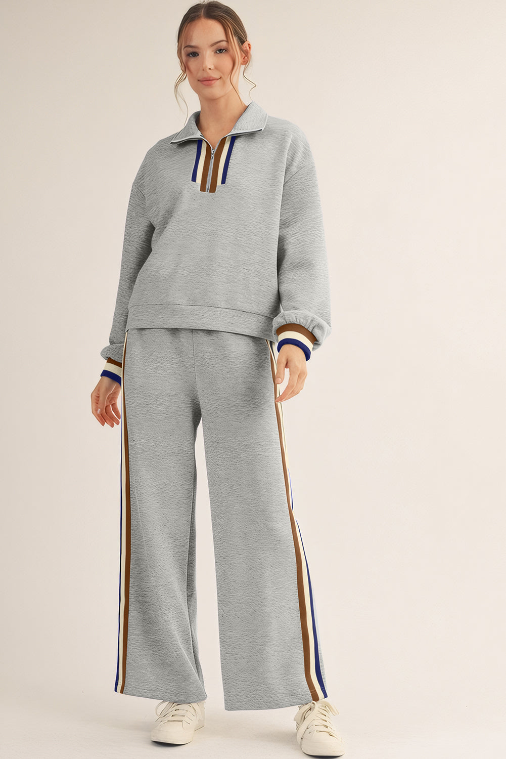 Gray Striped Patchwork Quarter Zip Pullover Loose Pant Set-Two Piece Sets/Pant Sets-[Adult]-[Female]-2022 Online Blue Zone Planet