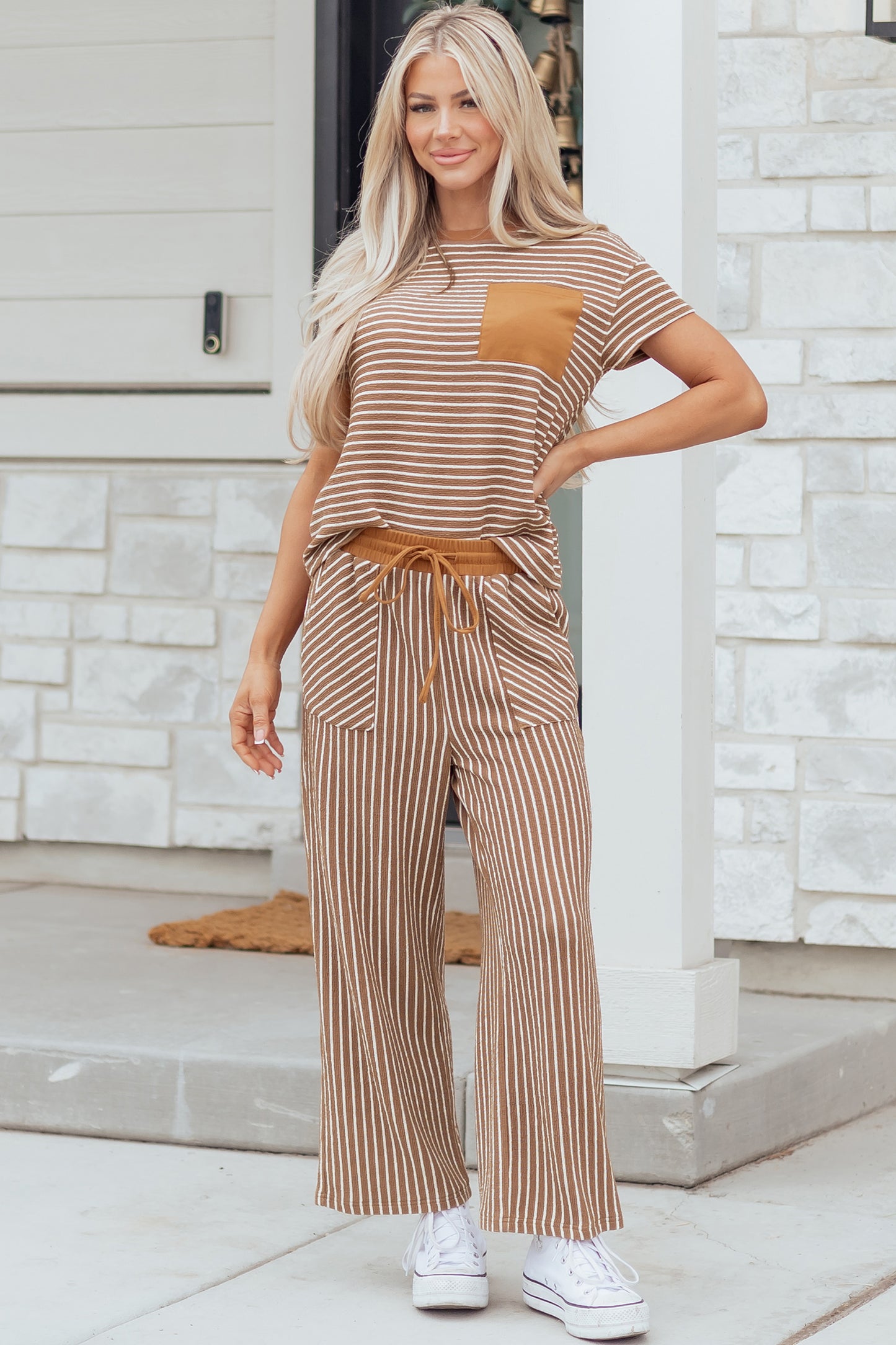 Khaki Stripe Crew Neck Tee Drawstring Waist Cropped Pants Set-Two Piece Sets/Pant Sets-[Adult]-[Female]-2022 Online Blue Zone Planet