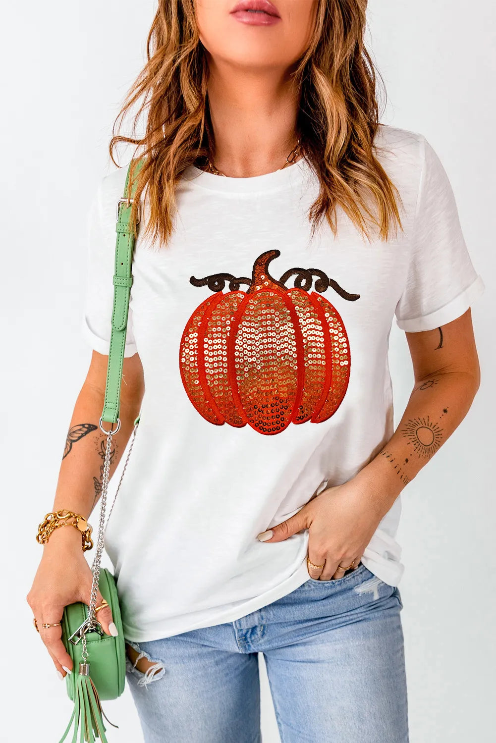 Full Size Sequin Pumpkin Round Neck Short Sleeve T-Shirt-TOPS / DRESSES-[Adult]-[Female]-White-S-2022 Online Blue Zone Planet