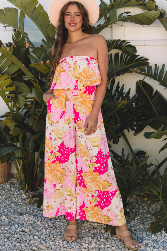 Multicolour Floral Print Ruffled High Waist Tube Top Loose Jumpsuit-Bottoms/Jumpsuits & Rompers-[Adult]-[Female]-Multicolour-S-2022 Online Blue Zone Planet