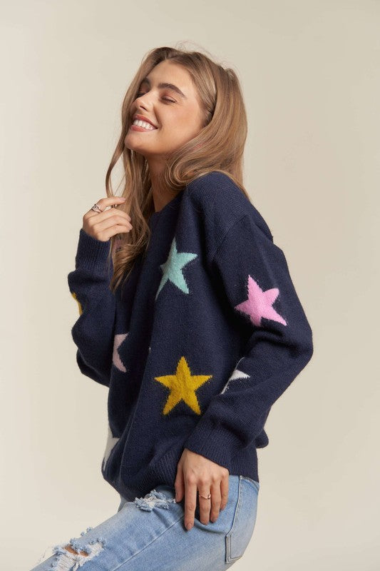 ADORA Stars Pattern Round Neck Drop Shoulder Sweater-TOPS / DRESSES-[Adult]-[Female]-2022 Online Blue Zone Planet