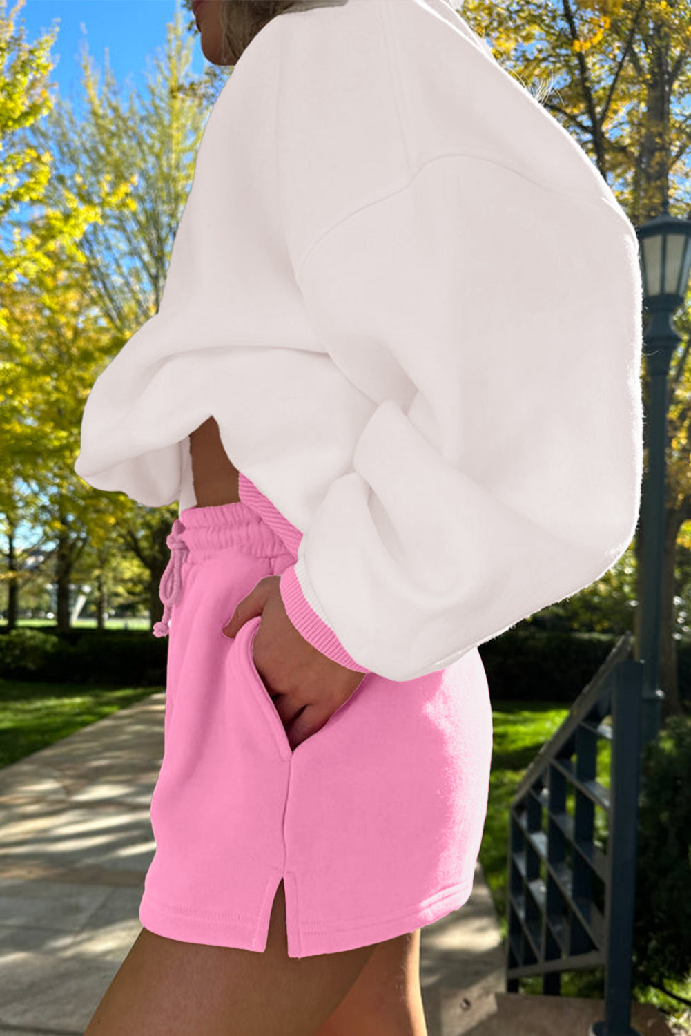 Strawberry Pink Color Block Pullover and Lace-up Elastic Waist Shorts Set-Two Piece Sets/Short Sets-[Adult]-[Female]-2022 Online Blue Zone Planet