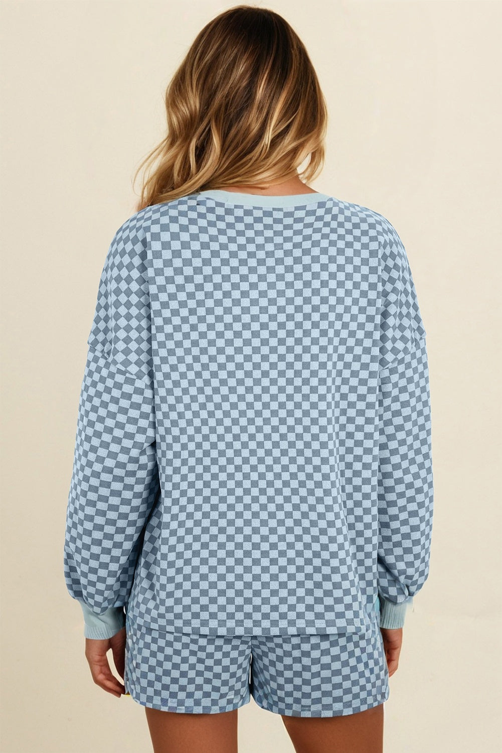 Sky Blue Checkerboard Long Sleeve Pullover and Shorts Set-Two Piece Sets/Short Sets-[Adult]-[Female]-2022 Online Blue Zone Planet