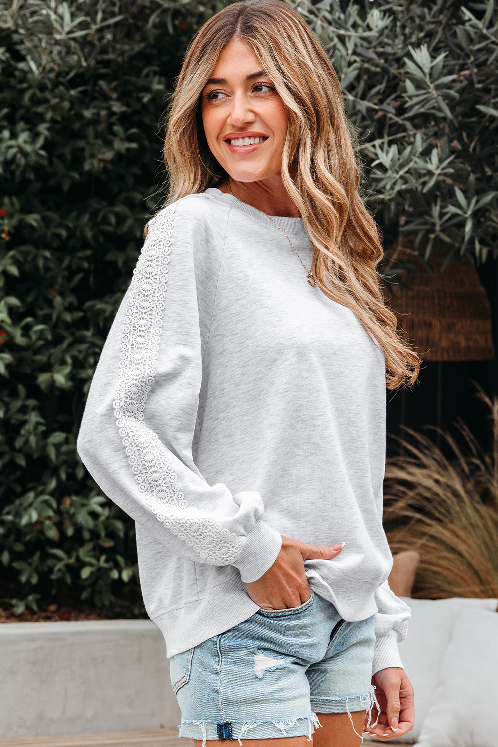 Light Grey Lace Patchwork Raglan Sleeve Crew Neck Sweatshirt-Tops/Sweatshirts & Hoodies-[Adult]-[Female]-2022 Online Blue Zone Planet