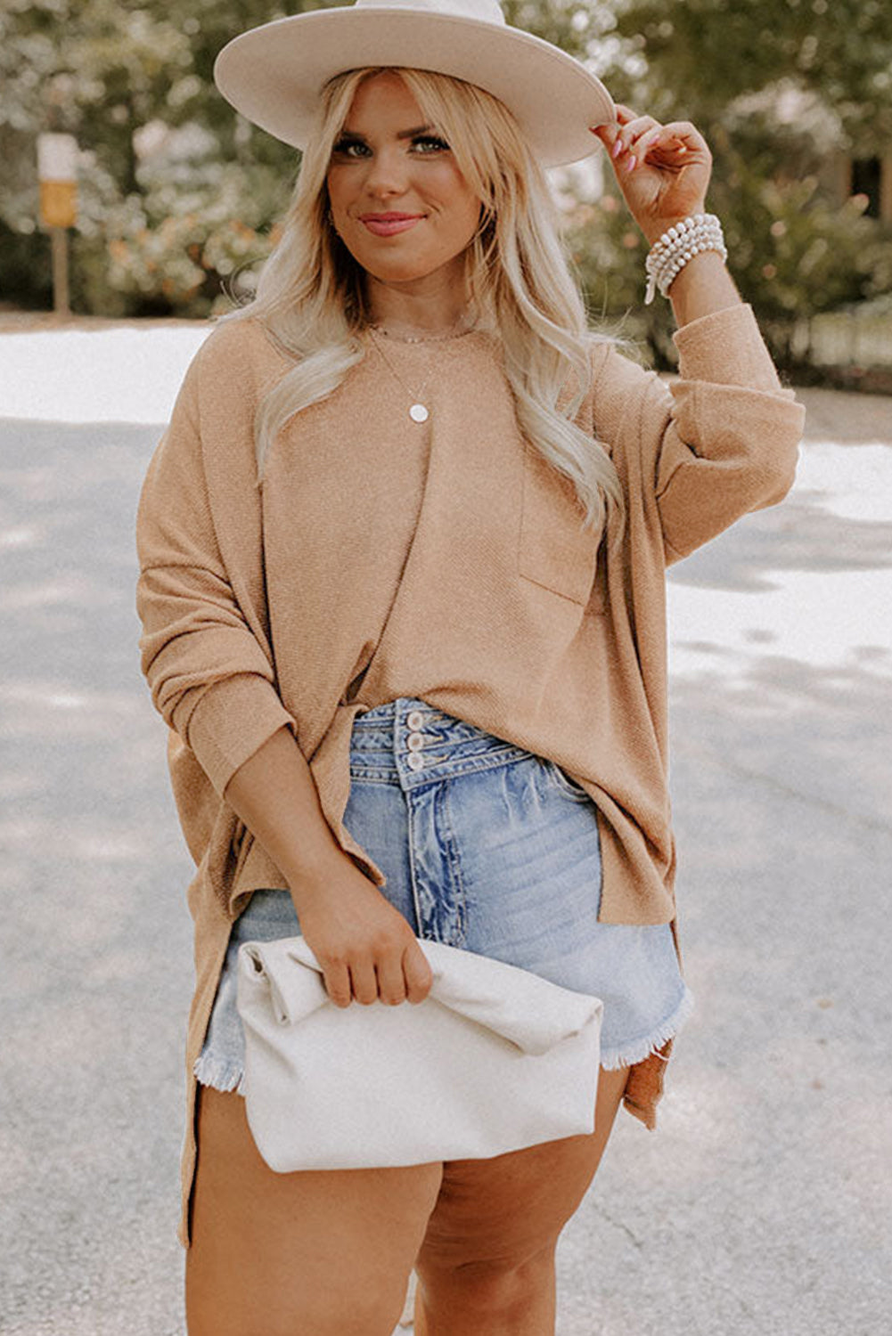 Parchment Plus Size Drop Shoulder Knit Tunic Top-Plus Size/Plus Size Tops/Plus Size Long Sleeve Tops-[Adult]-[Female]-2022 Online Blue Zone Planet