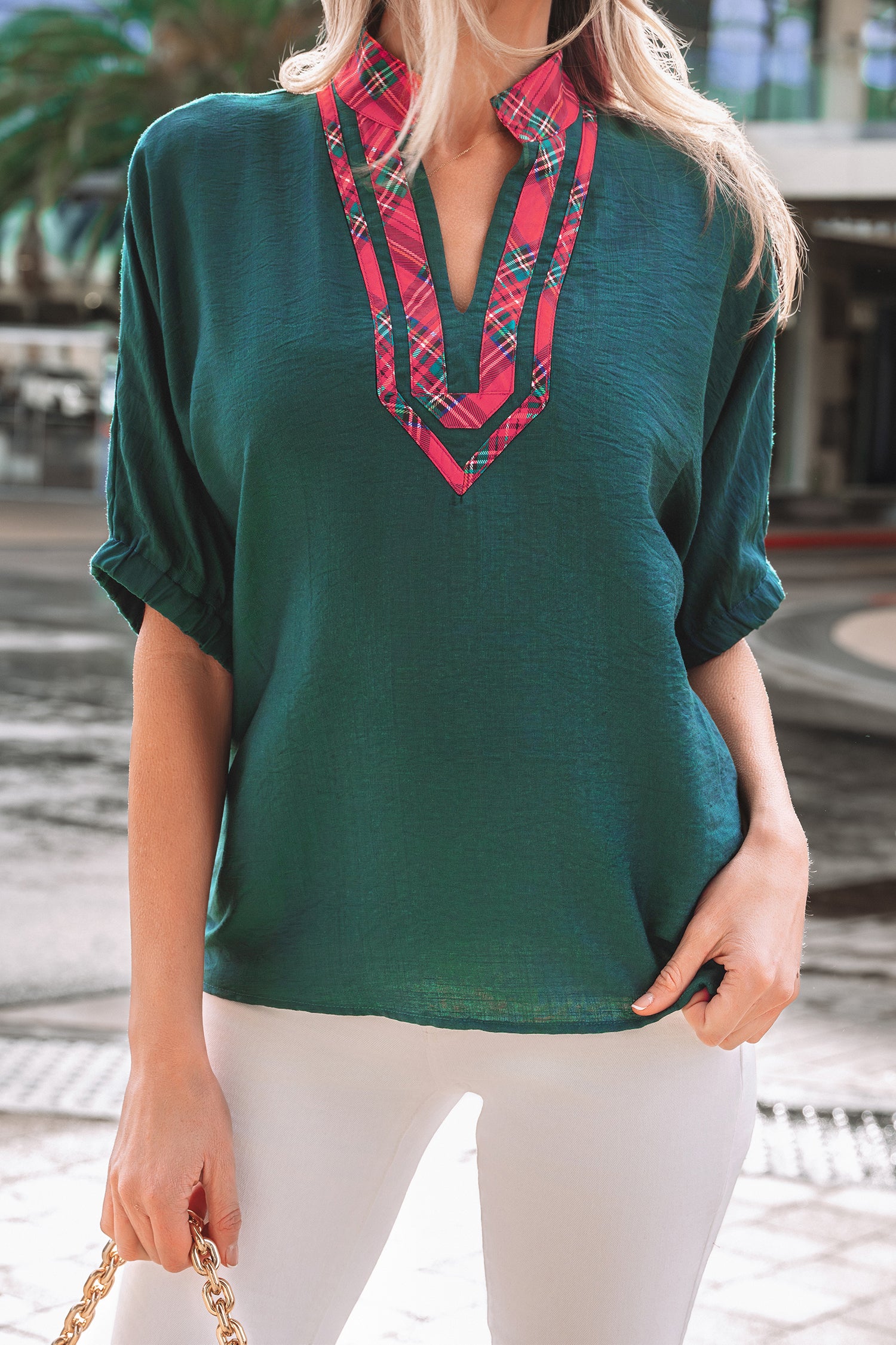 Evergreen Contrast Plaid Patchwork V Neck Half Sleeve Blouse-Tops/Blouses & Shirts-[Adult]-[Female]-2022 Online Blue Zone Planet