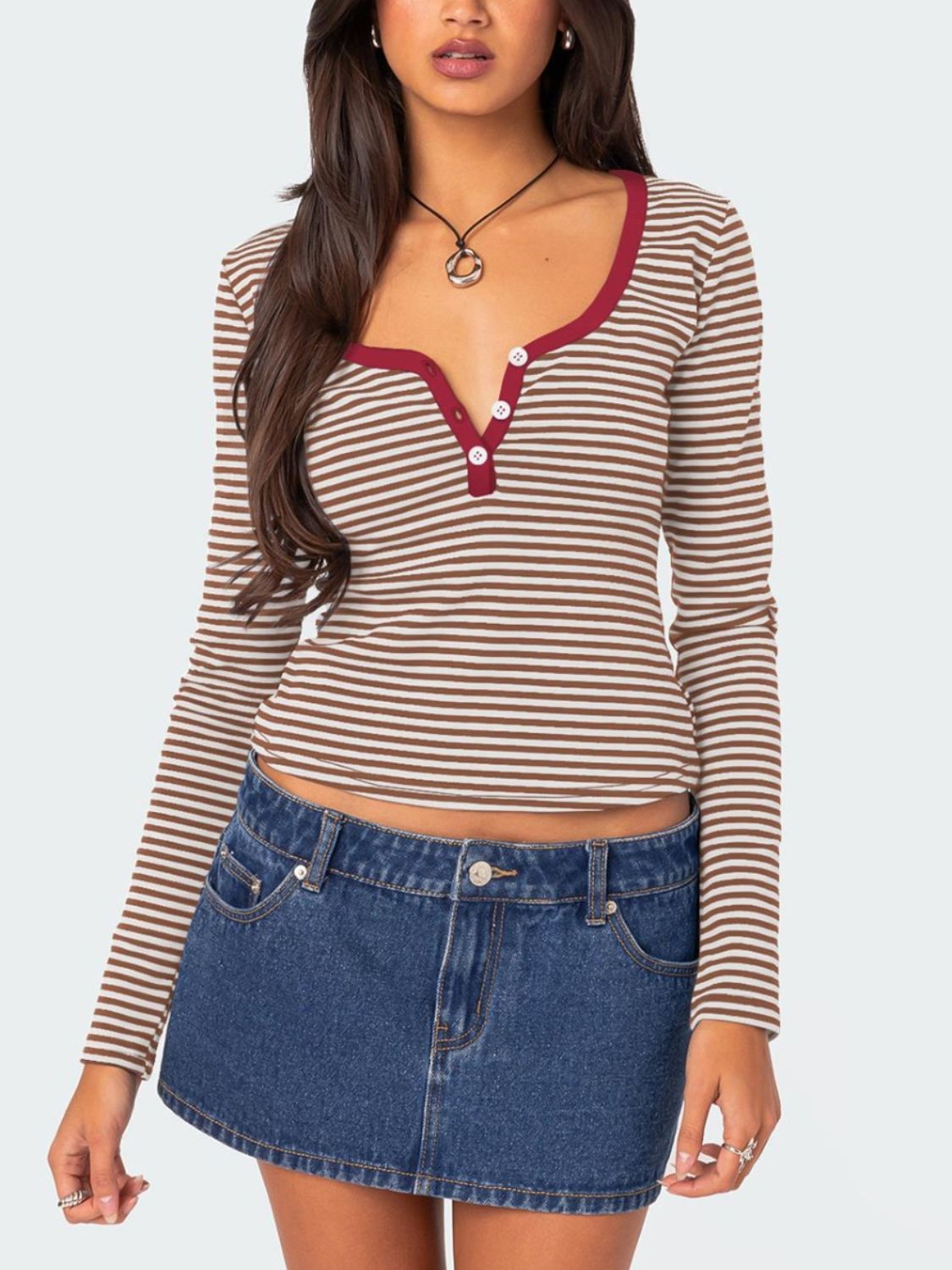 Buttoned Striped Long Sleeve T-Shirt-TOPS / DRESSES-[Adult]-[Female]-Deep Red-S-2022 Online Blue Zone Planet