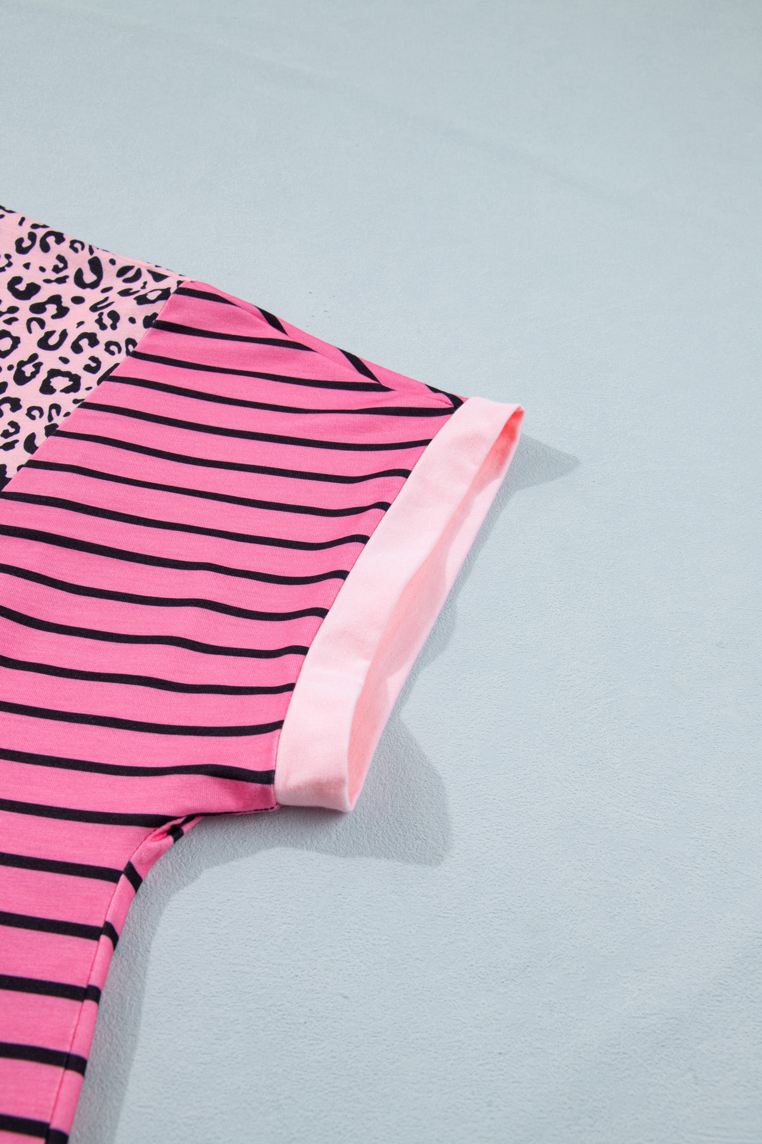 Pink Leopard Striped Contrast Patchwork Plus Size Tee-Plus Size/Plus Size Tops/Plus Size Tops & Tees-[Adult]-[Female]-2022 Online Blue Zone Planet