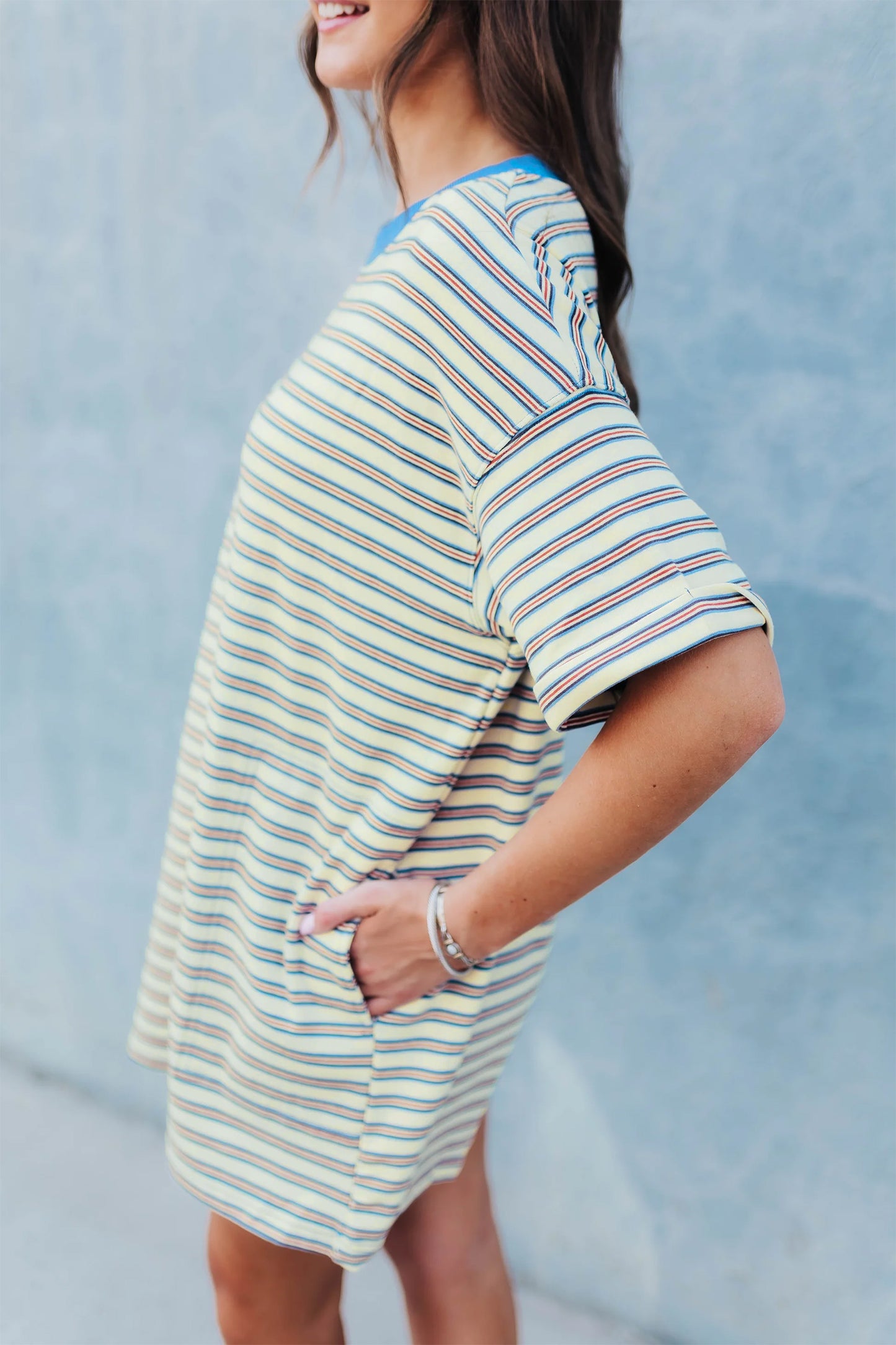 White Stripe Drop Shoulder Cuffed Sleeve Loose Tunic T Shirt Mini Dress-Dresses/T Shirt Dresses-[Adult]-[Female]-2022 Online Blue Zone Planet