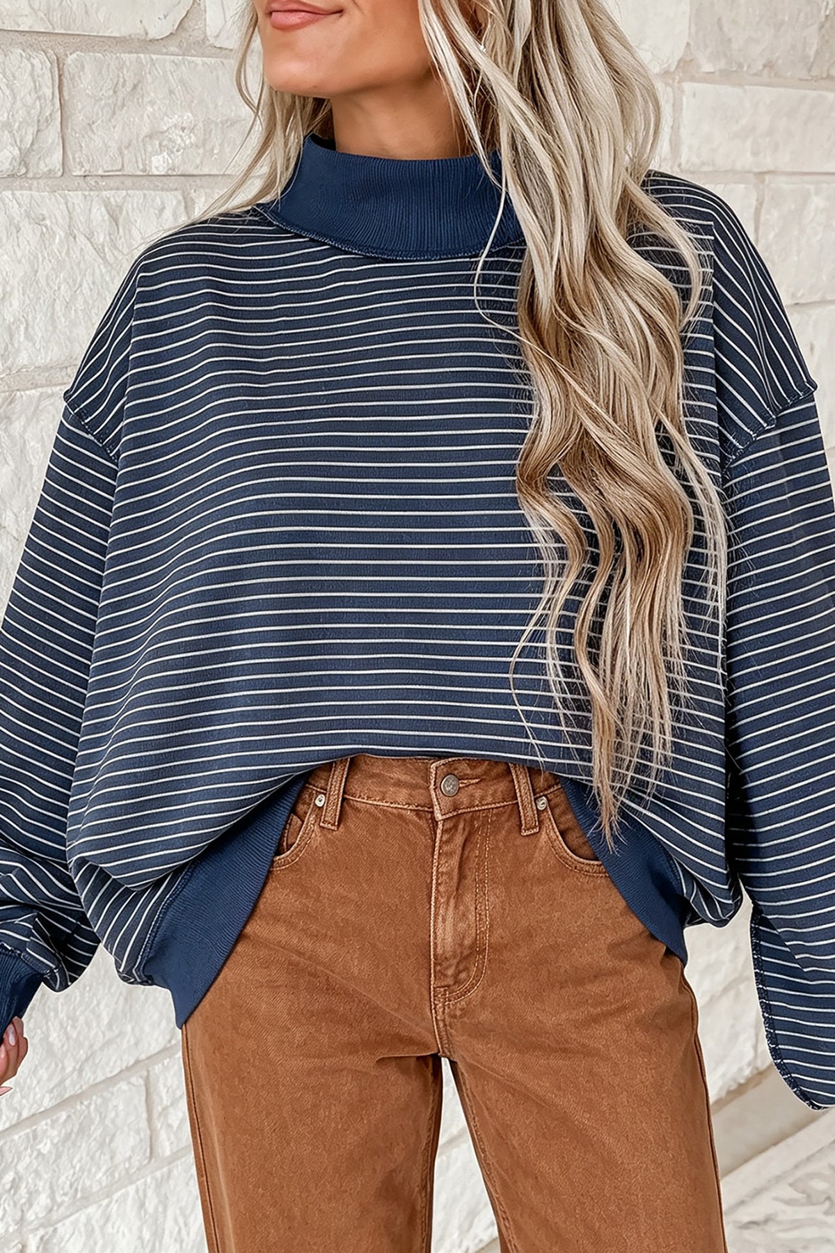 Khaki Stripe Ribbed Color Block Mock Neck Oversized Sweatshirt-Tops/Sweatshirts & Hoodies-[Adult]-[Female]-2022 Online Blue Zone Planet