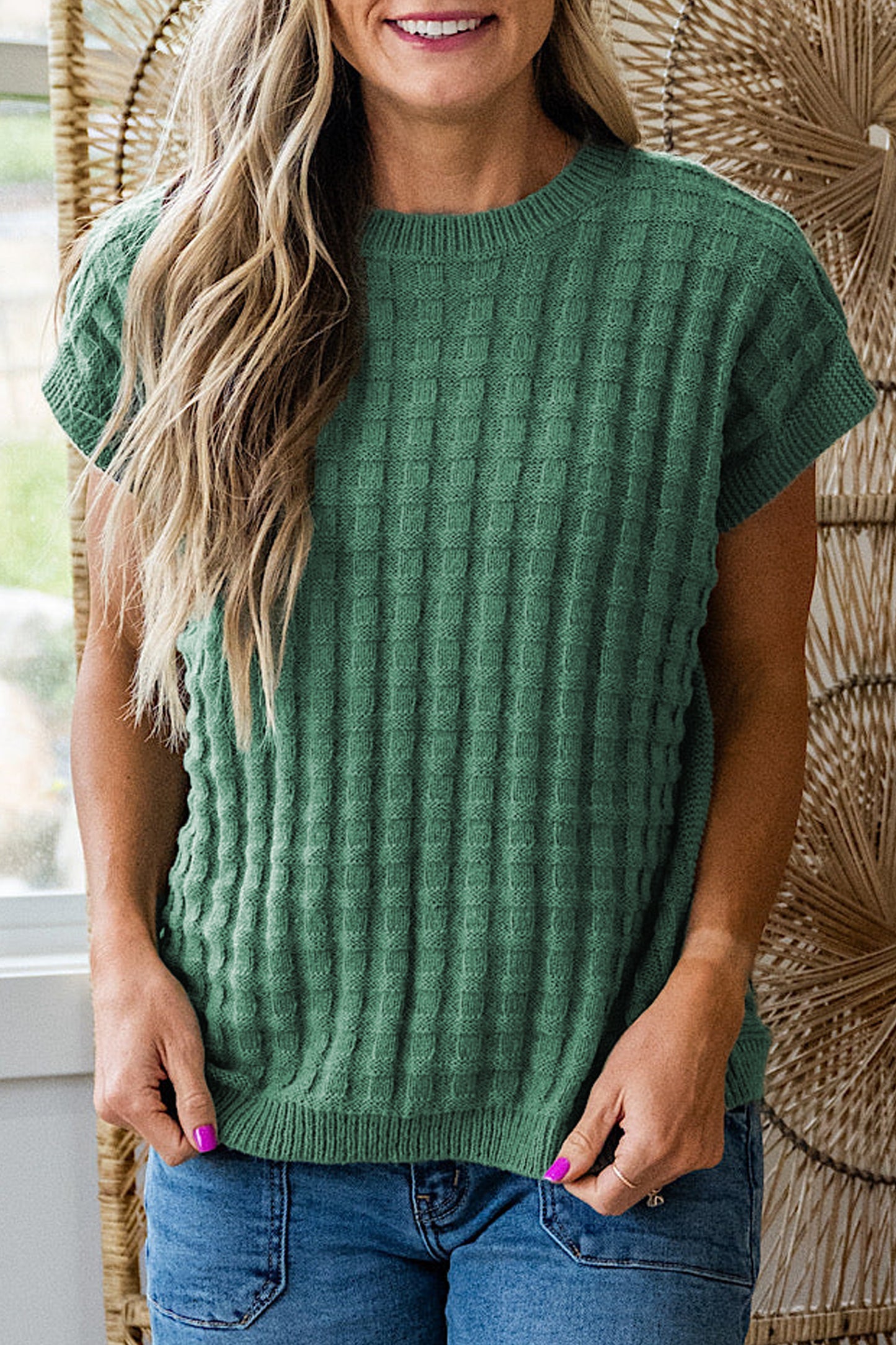 Mist Green Solid Color Round Neck Textured Short Sleeve Sweater-Sweaters & Cardigans/Short Sleeve Sweaters-[Adult]-[Female]-Mist Green-S-2022 Online Blue Zone Planet
