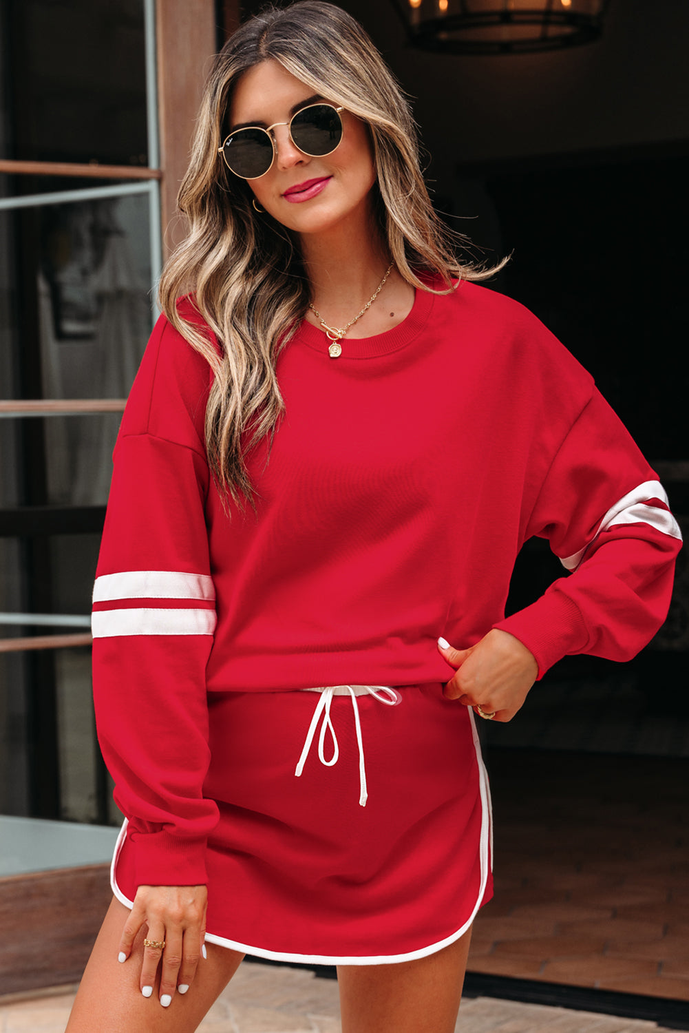 Evergreen Varsity Stripe Detail Drop Shoulder Pullover Mini Skirt Set-Two Piece Sets/Two Piece Dresses-[Adult]-[Female]-2022 Online Blue Zone Planet