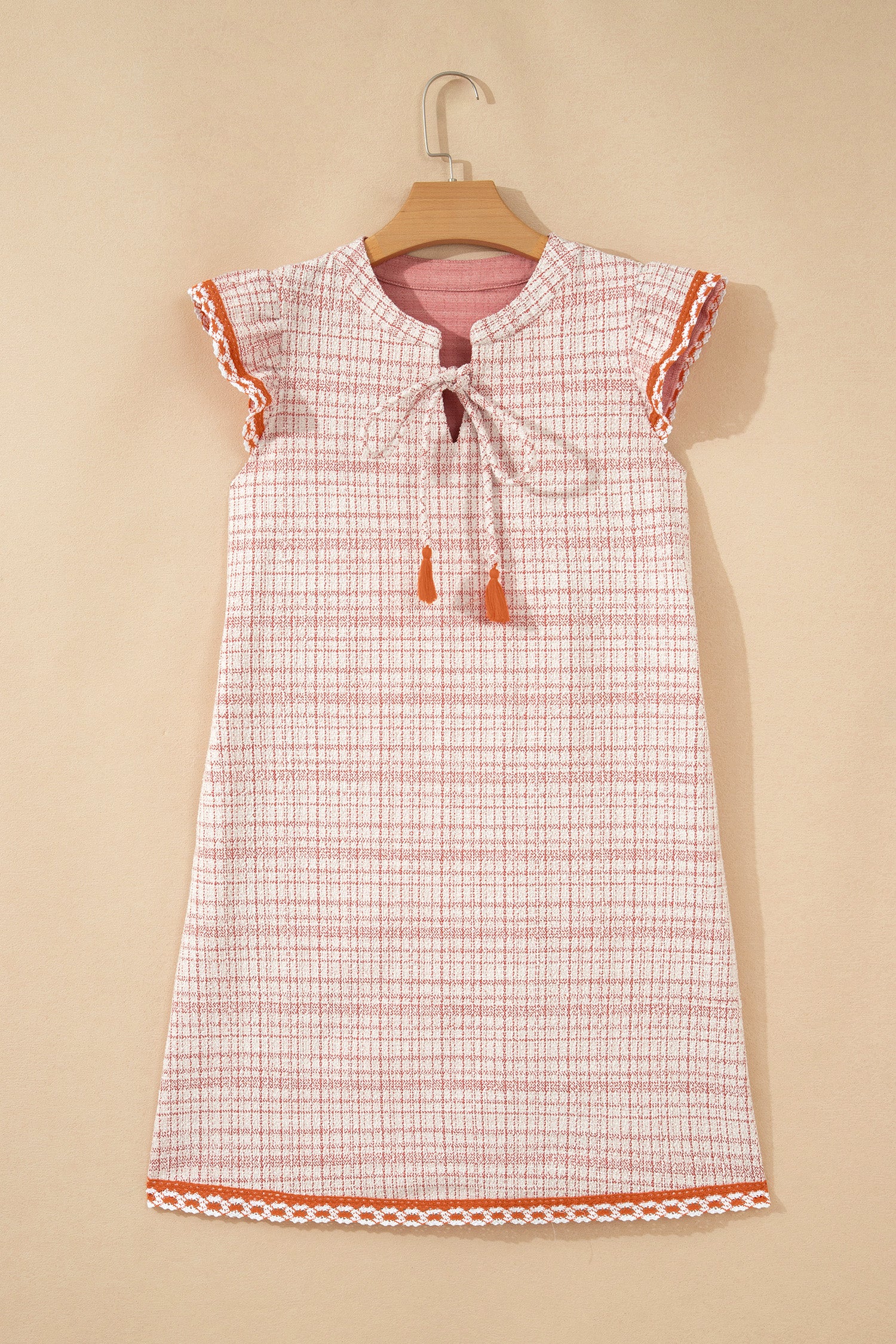 White Jacquard Textured Contrast Trim Short Sleeve Tassel Tie Shift Dress-TOPS / DRESSES-[Adult]-[Female]-2022 Online Blue Zone Planet