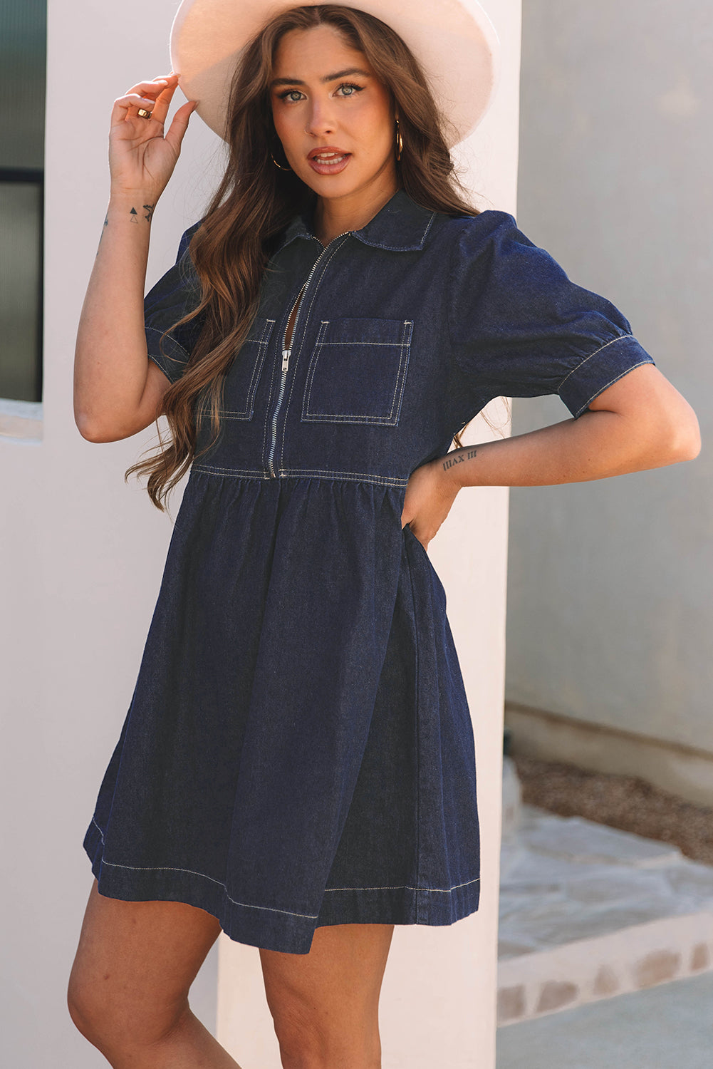 Dirty blue Zipped up Bodice Collared Short Puff Sleeve Denim Dress-TOPS / DRESSES-[Adult]-[Female]-2022 Online Blue Zone Planet