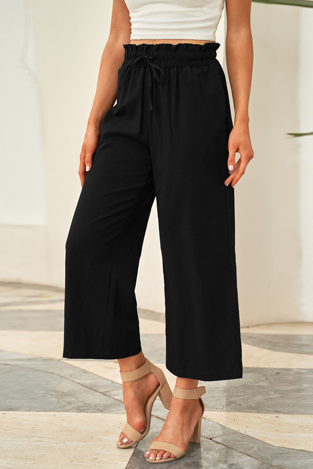 Black Paperbag Waist Straight Leg Cropped Pants-Bottoms/Pants & Culotte-[Adult]-[Female]-2022 Online Blue Zone Planet