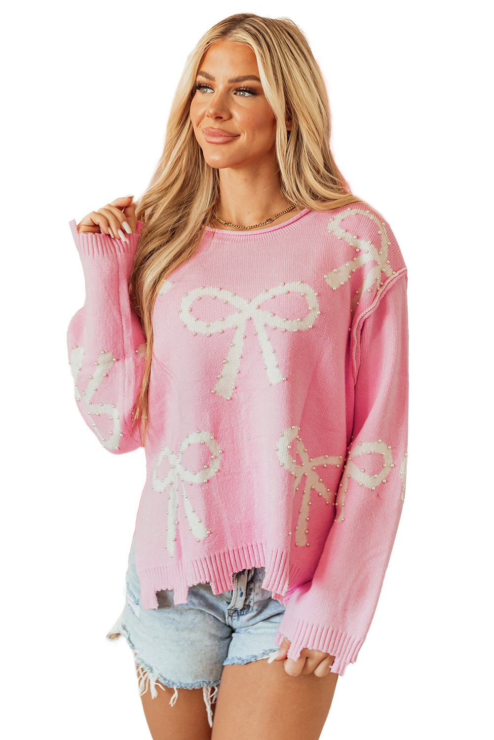 Pink Pearl Beaded Bowknot Pattern Distressed Split Hem Sweater-Sweaters & Cardigans/Sweaters-[Adult]-[Female]-2022 Online Blue Zone Planet