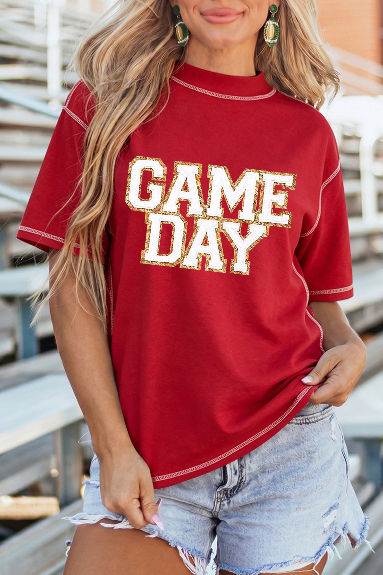 Racing Red Shiny Game Day Lettering Contrast Seam Detail Graphic Tee-Graphic/Graphic Tees-[Adult]-[Female]-2022 Online Blue Zone Planet