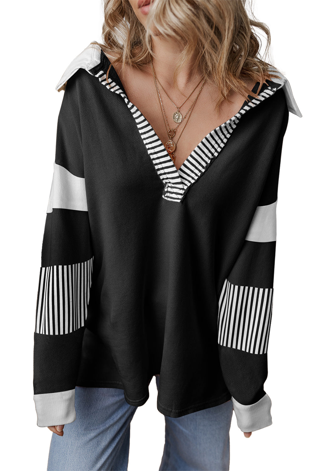 Sail Blue Striped Patchwork Collar Sweatshirt-Sweatshirts & Hoodies-[Adult]-[Female]-2022 Online Blue Zone Planet