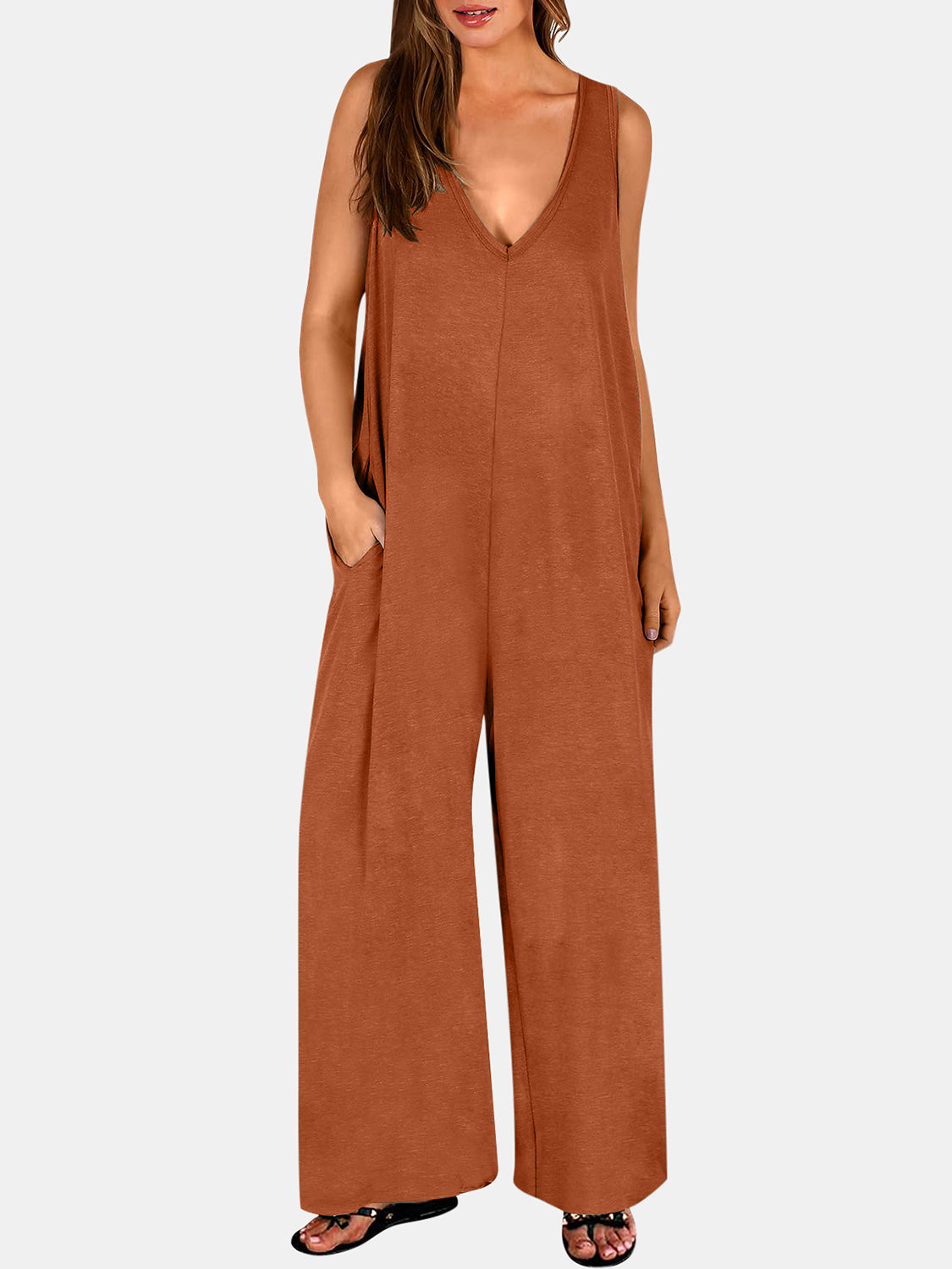 Full Size V-Neck Wide Strap Jumpsuit-TOPS / DRESSES-[Adult]-[Female]-Caramel-S-2022 Online Blue Zone Planet