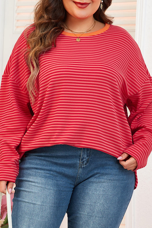 Orange Stripe Plus Size Drop Shoulder Long Sleeve Top-Plus Size Tops-[Adult]-[Female]-Orange Stripe-1X-2022 Online Blue Zone Planet