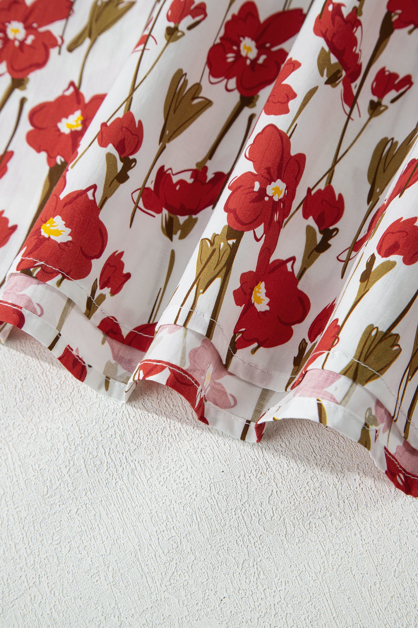 Red Floral Print Contrast Trim V Neck Double Ruffled Short Sleeve Blouse-Tops/Blouses & Shirts-[Adult]-[Female]-2022 Online Blue Zone Planet