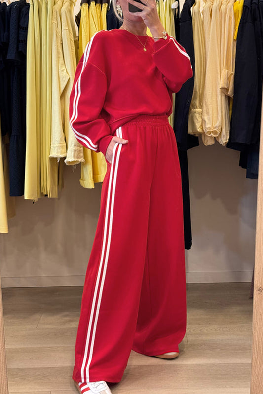Fiery Red Varsity Striped Detail Crewneck Pullover Elastic Sweatpants 2pcs Outfit-Two Piece Sets/Pant Sets-[Adult]-[Female]-Fiery Red-S-2022 Online Blue Zone Planet
