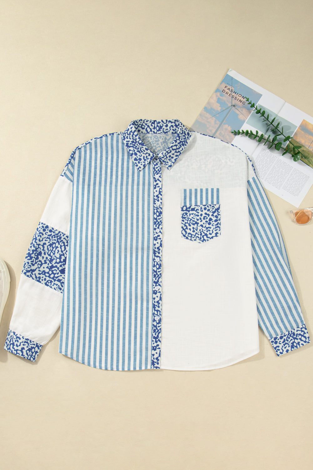 Sky Blue Leopard Striped Patchwork Casual Plus Shirt-Plus Size/Plus Size Tops/Plus Size Blouses & Shirts-[Adult]-[Female]-2022 Online Blue Zone Planet