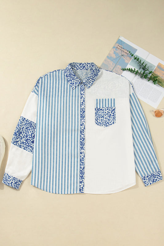 Sky Blue Leopard Striped Patchwork Casual Plus Shirt-Plus Size/Plus Size Tops/Plus Size Blouses & Shirts-[Adult]-[Female]-2022 Online Blue Zone Planet